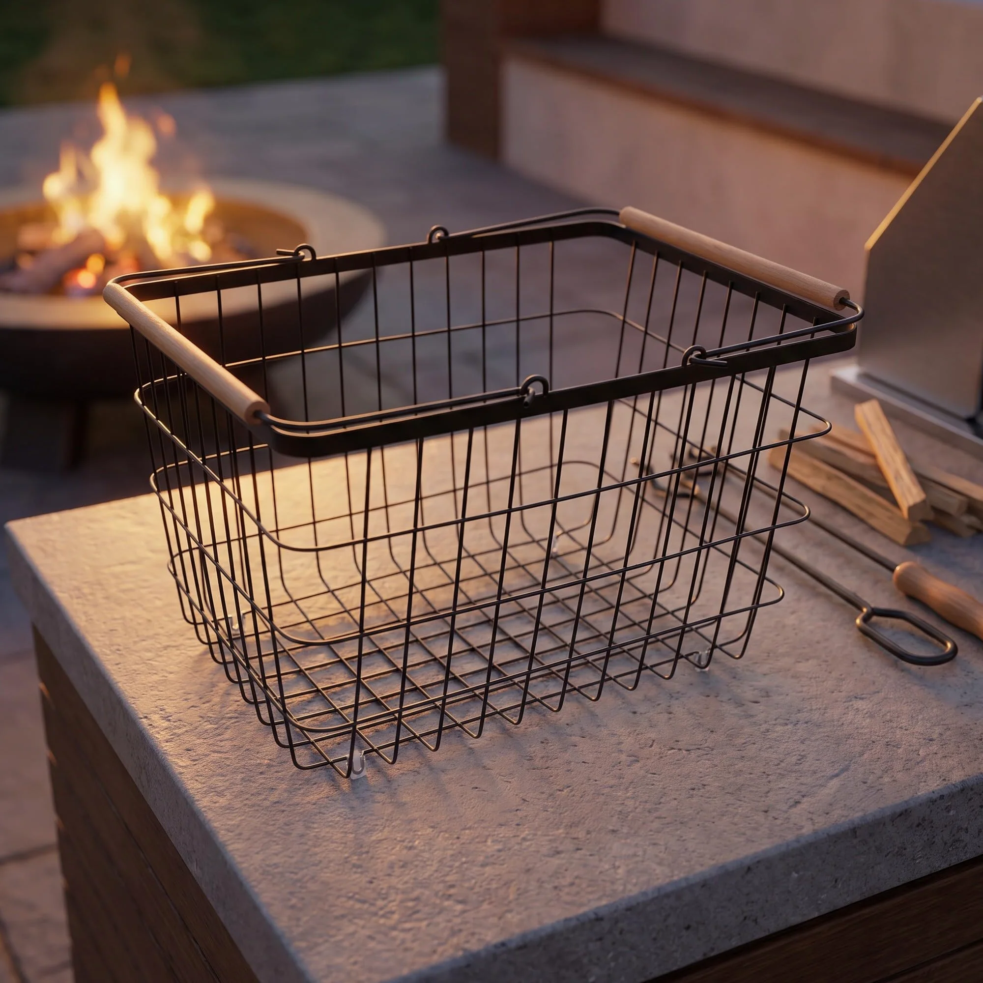 Zerodeko Cesto rettangolare in filo metallico per legna da ardere, nero, | Organizzatore di legna da ardere portatile in metallo, resistente e traspirante, adatto per interni, patio e giardino.