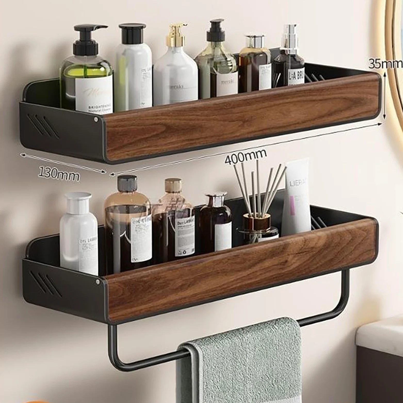 Organizer Da Bagno A Parete Senza Fori, Portasciugamani Doccia In Acciaio Al Carbonio Effetto Legno Per Bagno, Doccia, Cucina(400mm)