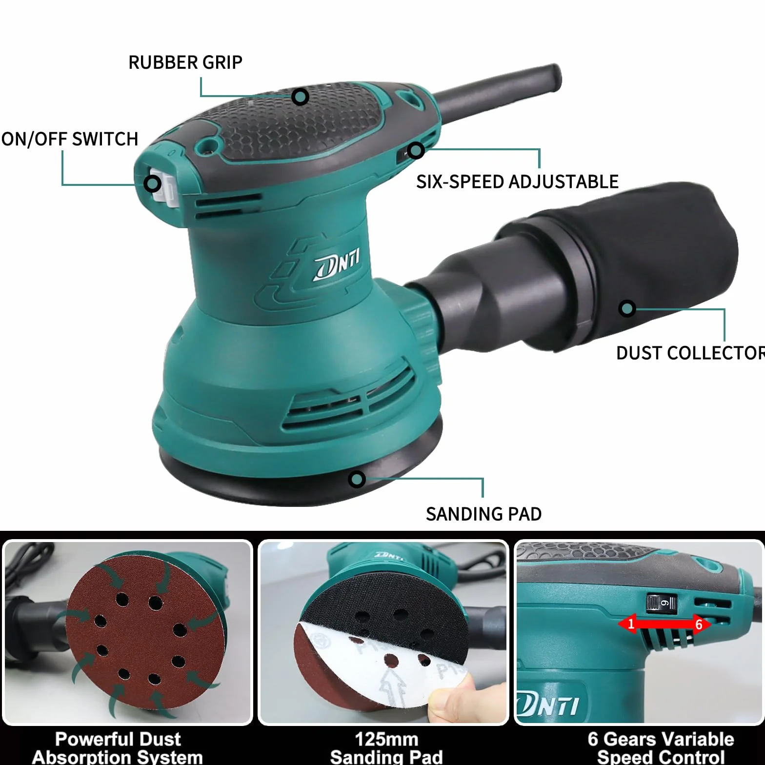 DNT Levigatrice eccentrica 380 W, 125 mm, 6 velocità strumento elettrico professionale, nero e turchese Levigatrice Orbitale per Legno per la levigatura del legno