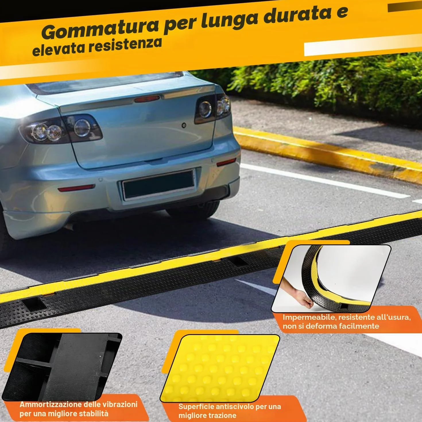 Ponte cavi 3 pezzi 2 canali 101x25x5 cm gomma nero modulare protezione per parcheggi