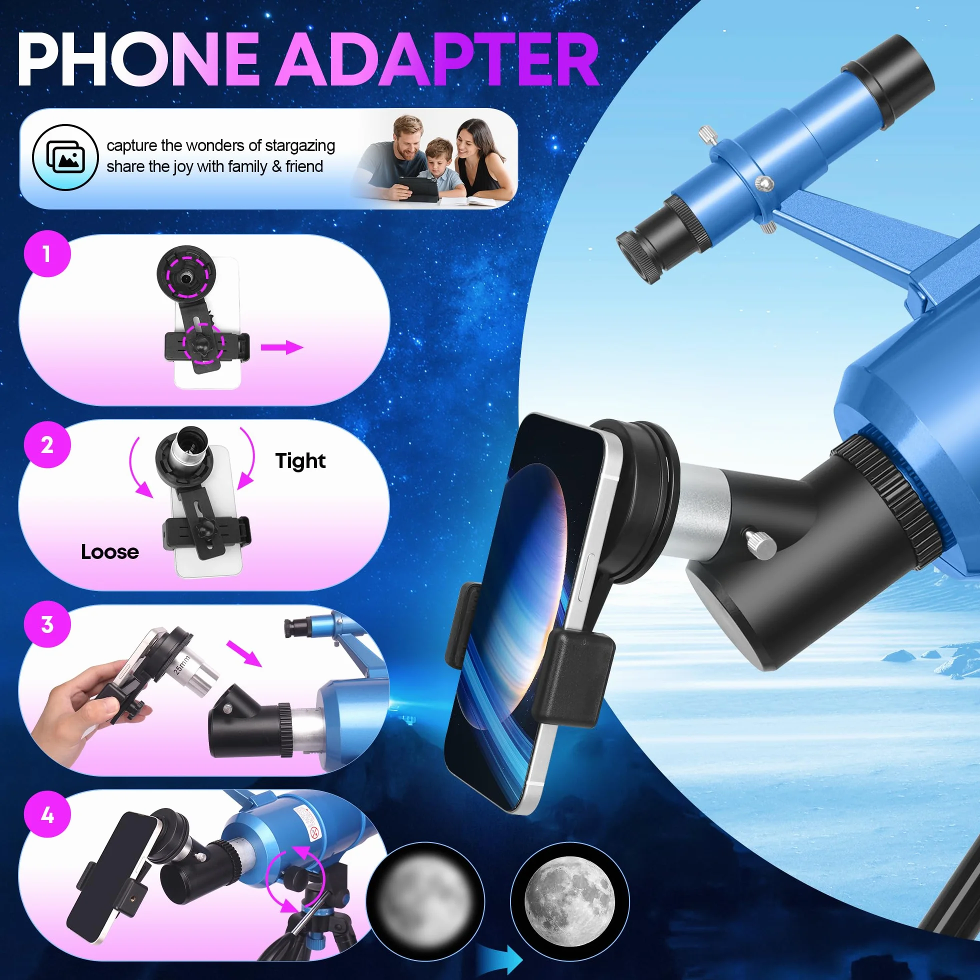 UncleHu Telescopio Astronomico Per Adulti E Bambini Principianti, 22X-165X, Telescopio Riffrattore Astronomico 90/550mm Con Sgabello Pieghevole&Treppiede&Adattatore Per Smartphone E Borsa Da Trasporto