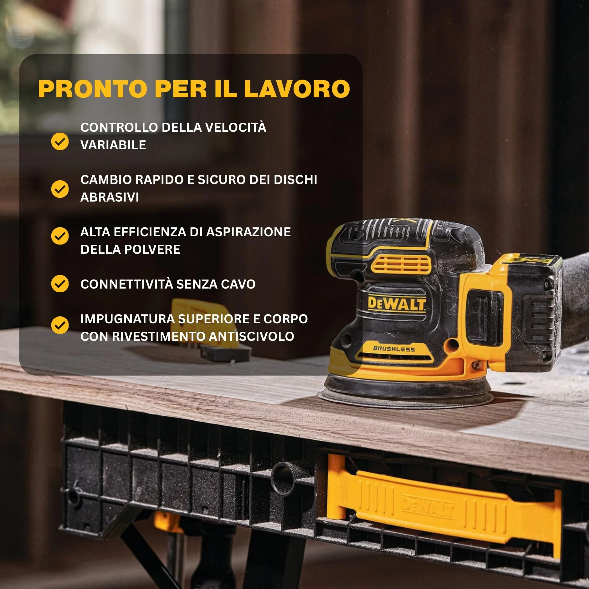 DEWALT Levigatrice Rotorbitale Brushless 18V XR, Platina 125mm, Regolazione Velocità, Impugnatura Ergonomica, Hook & Loop, Basse Vibrazioni, Interruttore Sigillato, Solo Corpo – DCW210NT-XJ