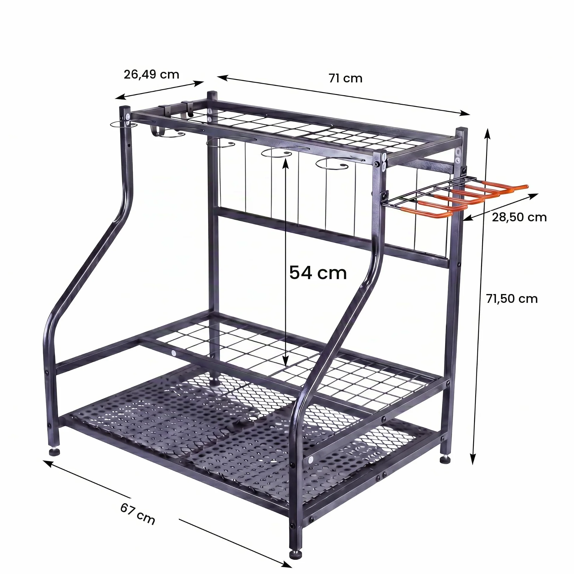 Sinoer Scaffale per attrezzi da giardino con ganci e ruote, organizer per garage, ripiani in metallo a 3 livelli, supporto per prato, capannone e cortile