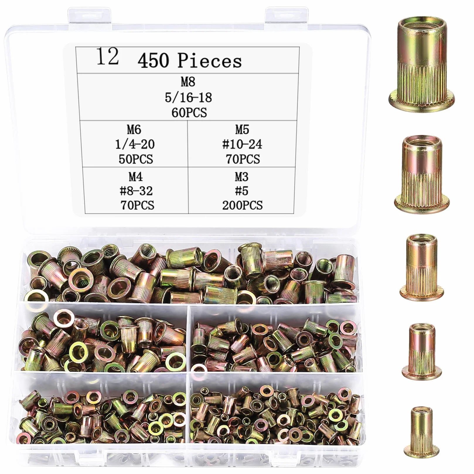 Set di 450 dadi rivetti a testa piatta M3 M4 M5 M6 M8 assortimento
