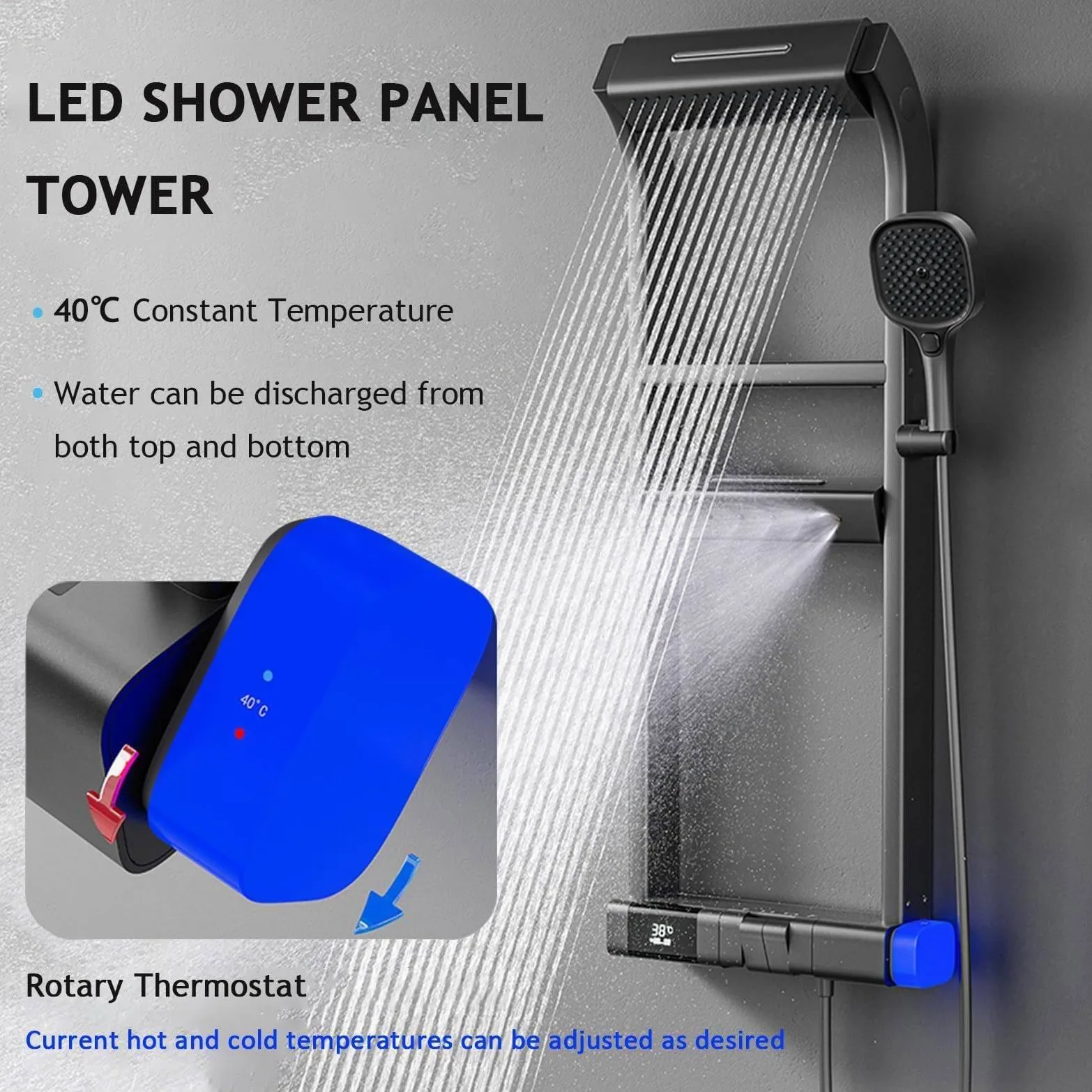 Set Miscelatore Doccia con Display Digitale a LED, soffione a Pioggia e soffione Portatile, Pannello di Controllo per Bagno, mensola a Torre per ristrutturazioni Moderne