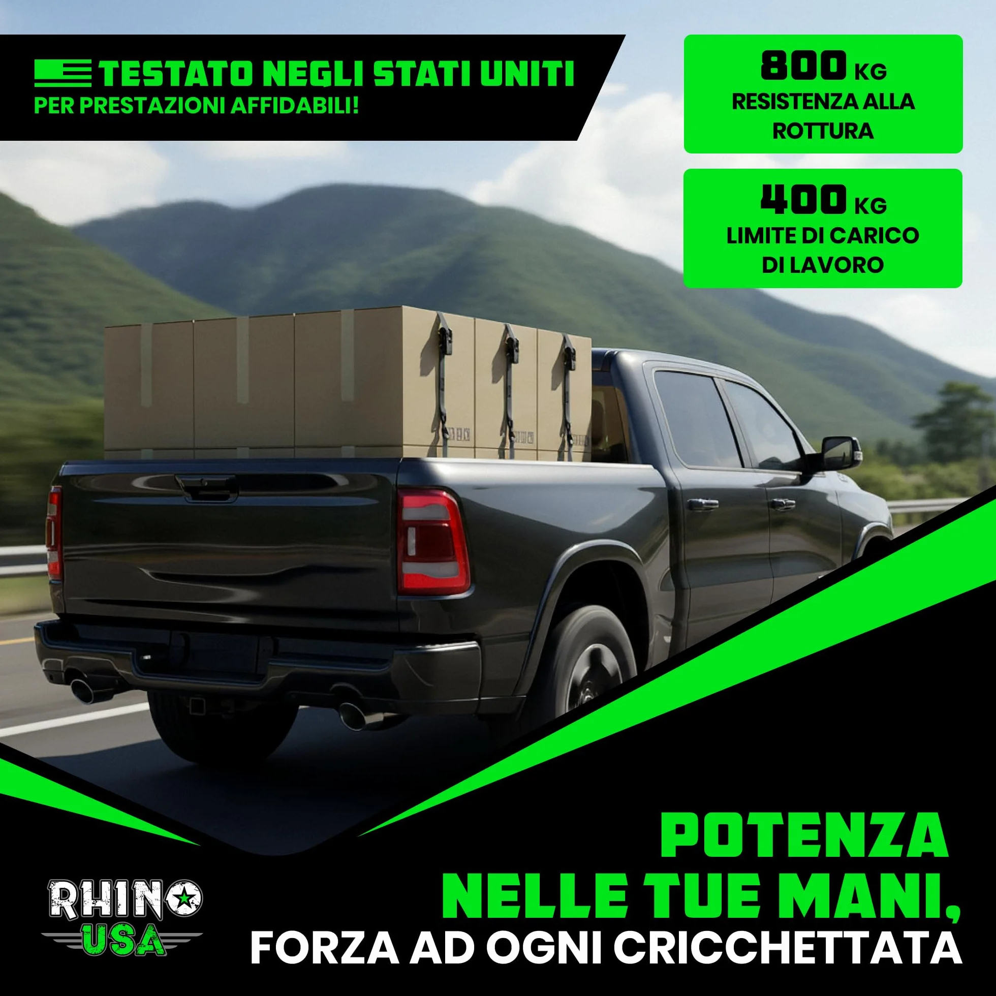 Cinghie a Cricchetto Rhino USA (4-Pack) - 2.5 cm x 4.6 m (800 kg di Resistenza alla Rottura) - Ganci a S di Sicurezza - Cinghie Premium per Camion, Carichi, Traslochi, Elettrodomestici - Nero