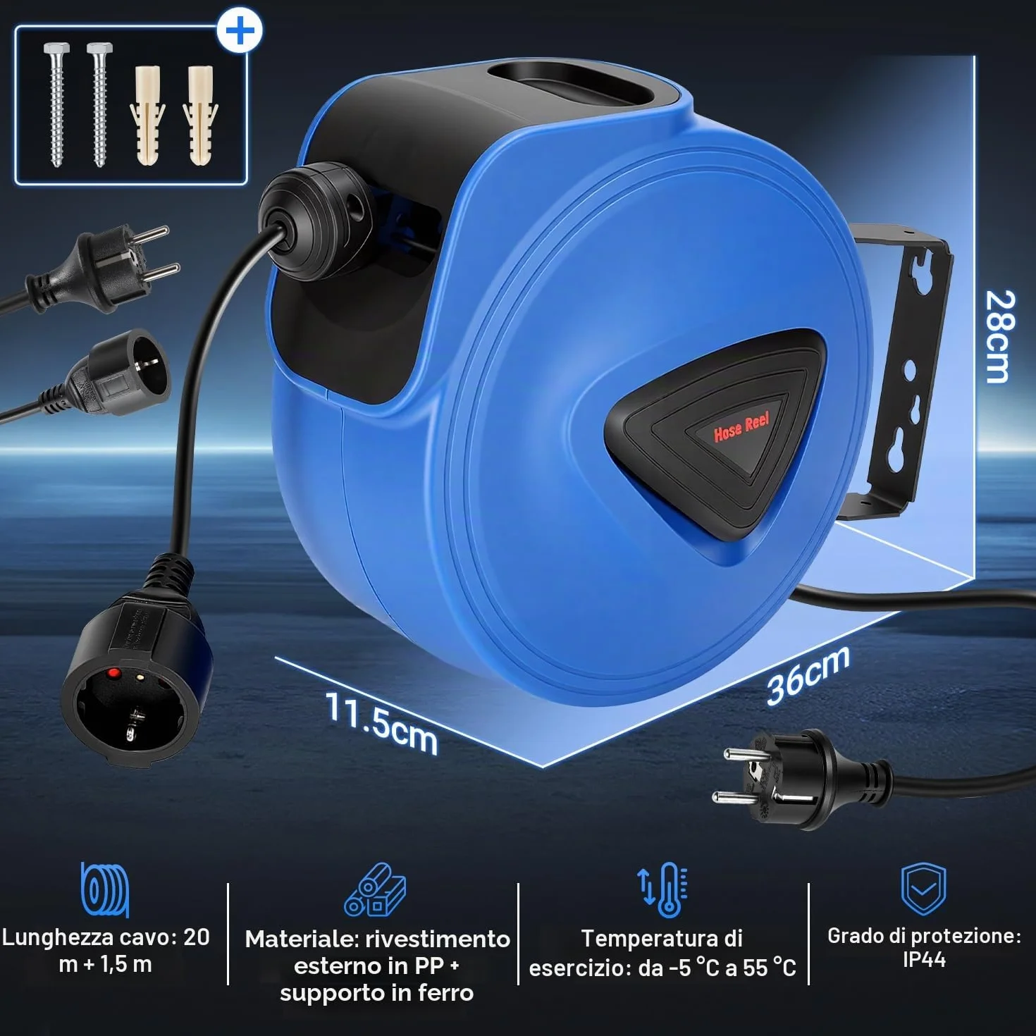 Fiqops Avvolgicavo automatico, 20 m + 1,5 m, montaggio a parete, girevole a 180°, avvolgicavo automatico per officina e stoccaggio, con funzione stop, avvolgicavo (spina singola)