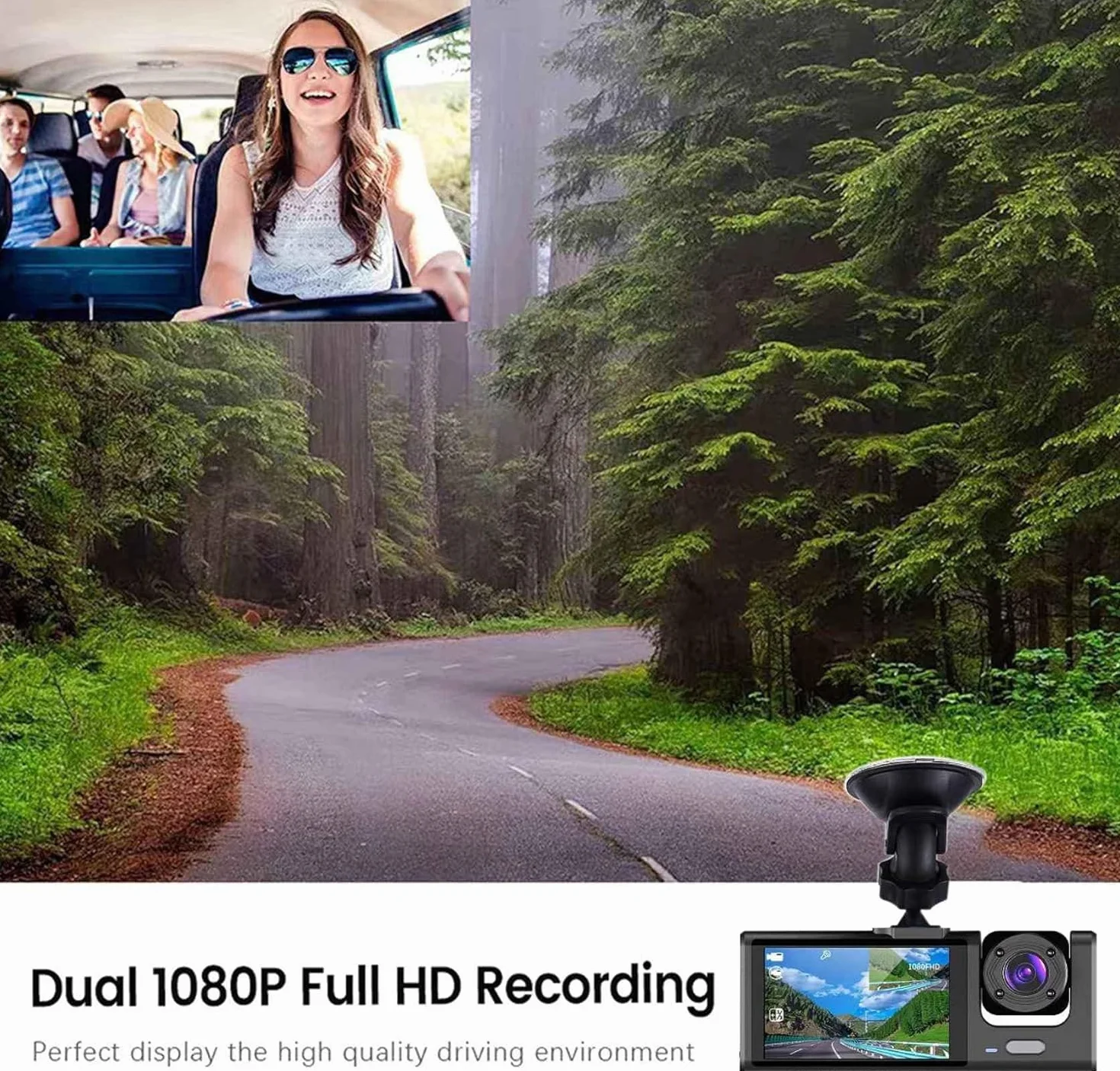 Dash Cam Auto 3 Lenti Full HD 1080P, Tripla Videocamera Frontale + Abitacolo + Posteriore, Visione Notturna, Monitoraggio Parcheggio 24H, Display Integrato, Installazione Facile con Supporto Ventosa