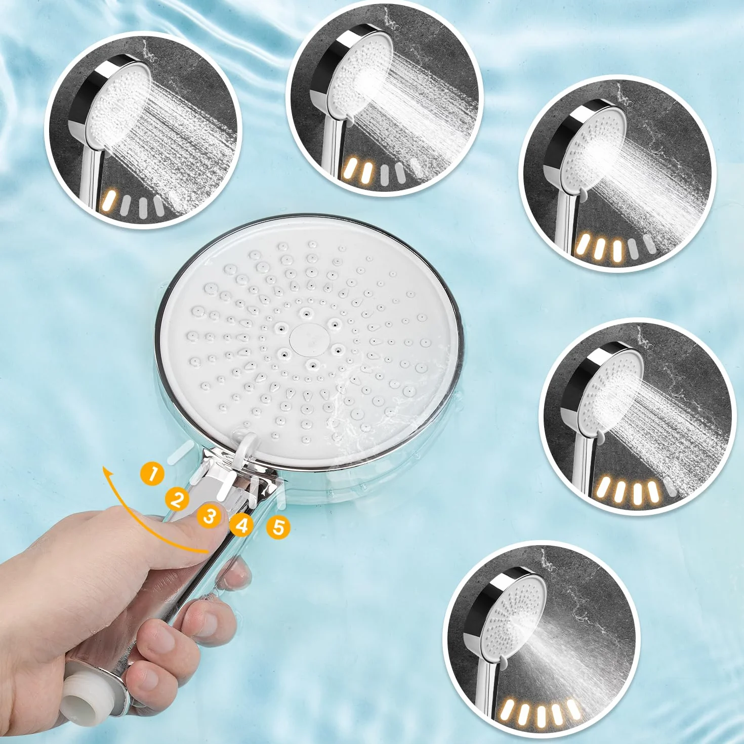Rubinetto da Bagno a Parete Miscelatore Vasca in Ottone Solido 5 Modalità Doccetta Argento