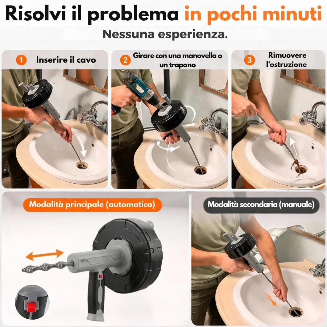 Sonda Sturatubi Professionale 10 m – Molla Sturatubi con Cavo in Acciaio Flessibile per Lavandino, Doccia e WC
