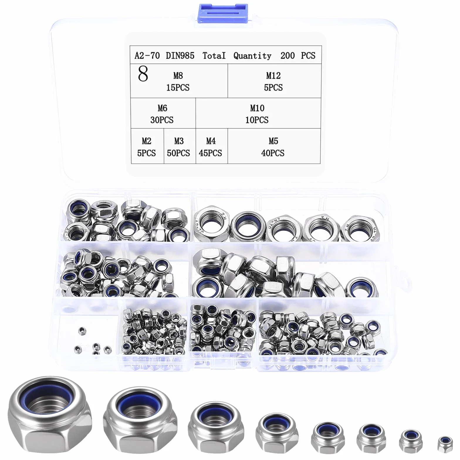 Set di dadi esagonali autobloccanti in acciaio inox M2-M12 per viti e barra filettata