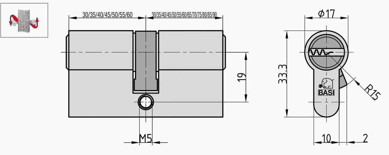 BASI | Cilindro di chiusura BM | chiusura uguale e combinabile liberamente | Molte lunghezze disponibili | Chiave reversibile | Cilindro profilato per casa e appartamento | Doppio cilindro N+G A: 50