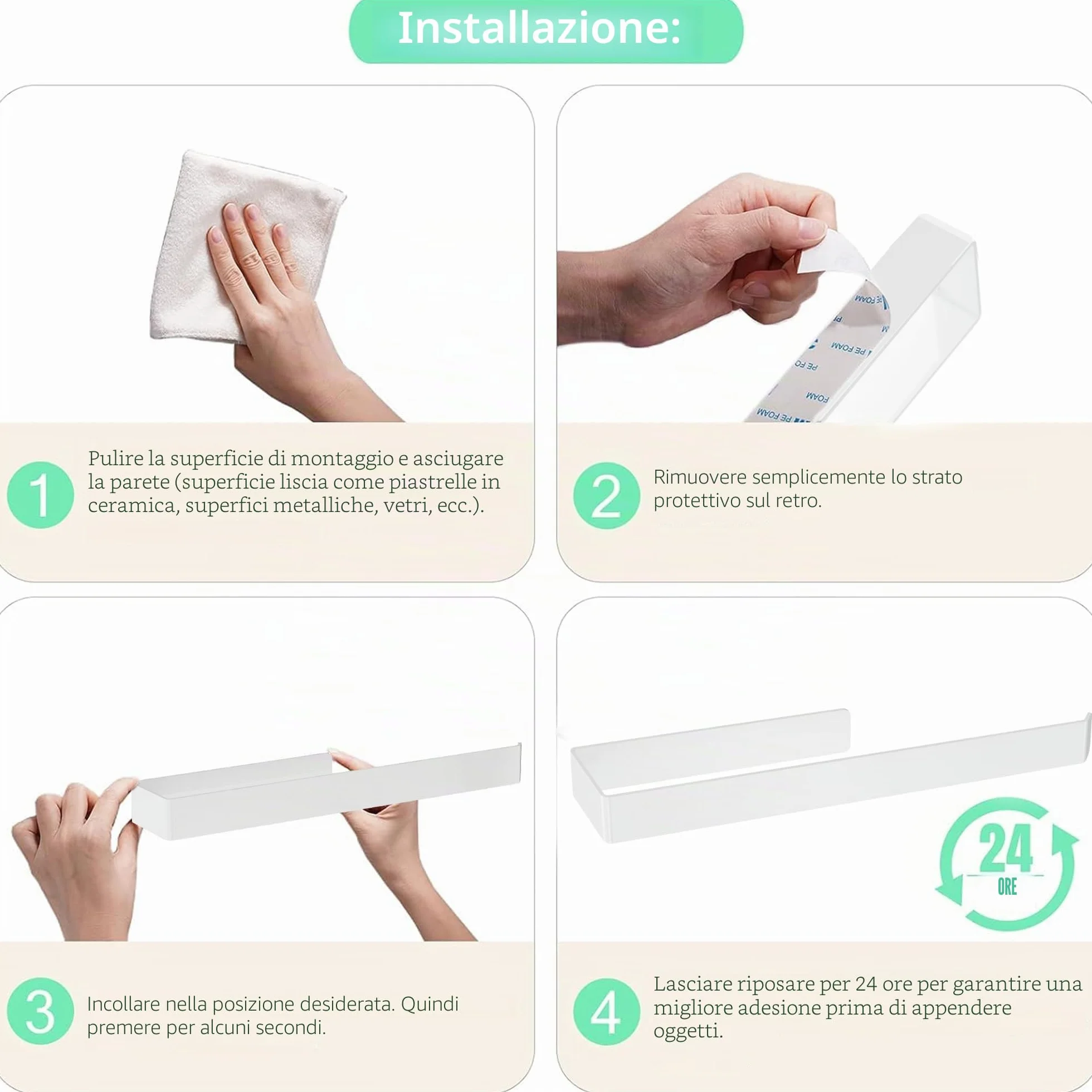 Portasciugamani senza foratura in alluminio, metallo, per bagno e cucina, bianco 32 cm