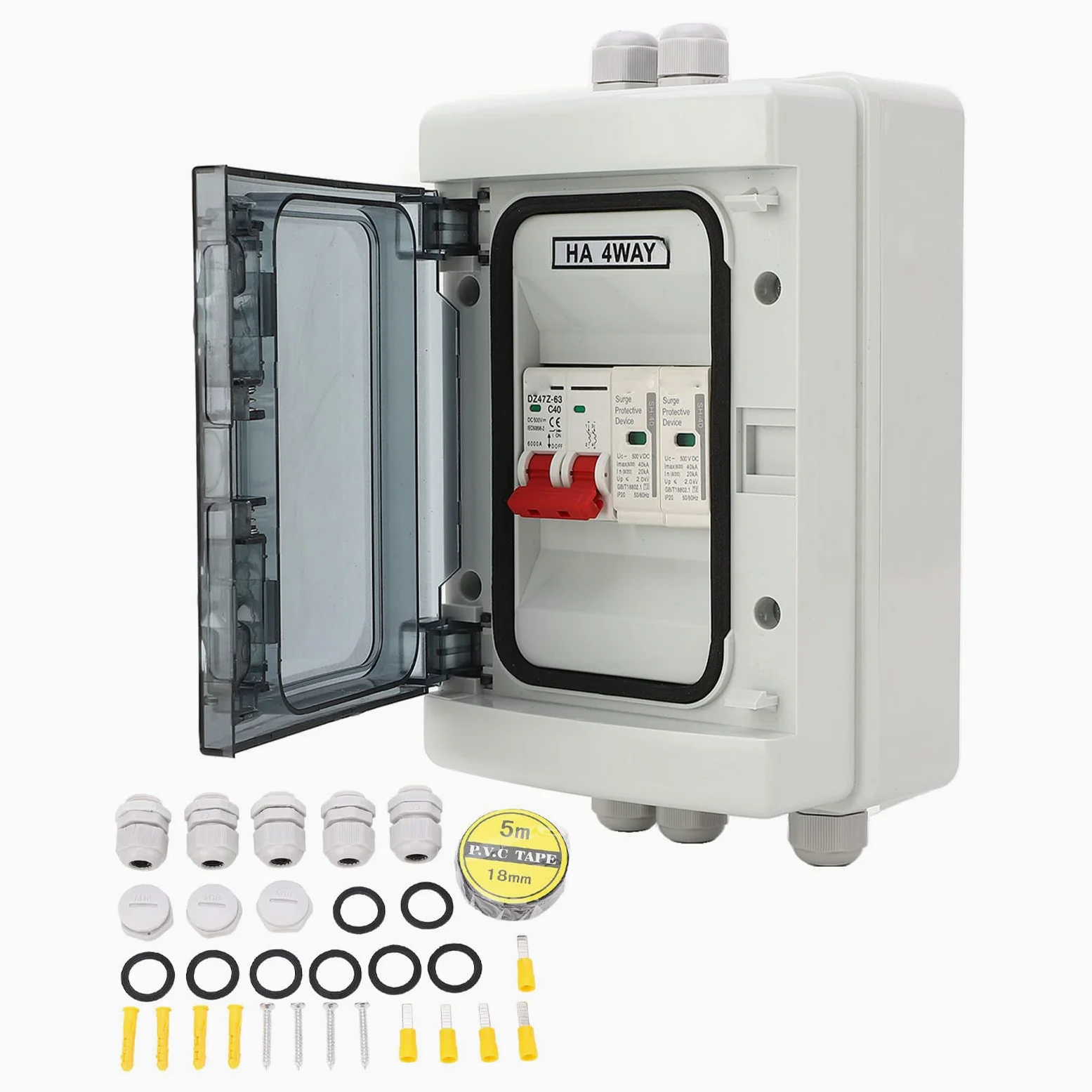 Pissente Interruttore Automatico Scatola di Distribuzione Impermeabile per PC con Sezionatore CC 500 V IP65 Coperchio Trasparente a 4 Vie per Inverter a Pannello Solare Esterno Sistemi Fotovoltaici