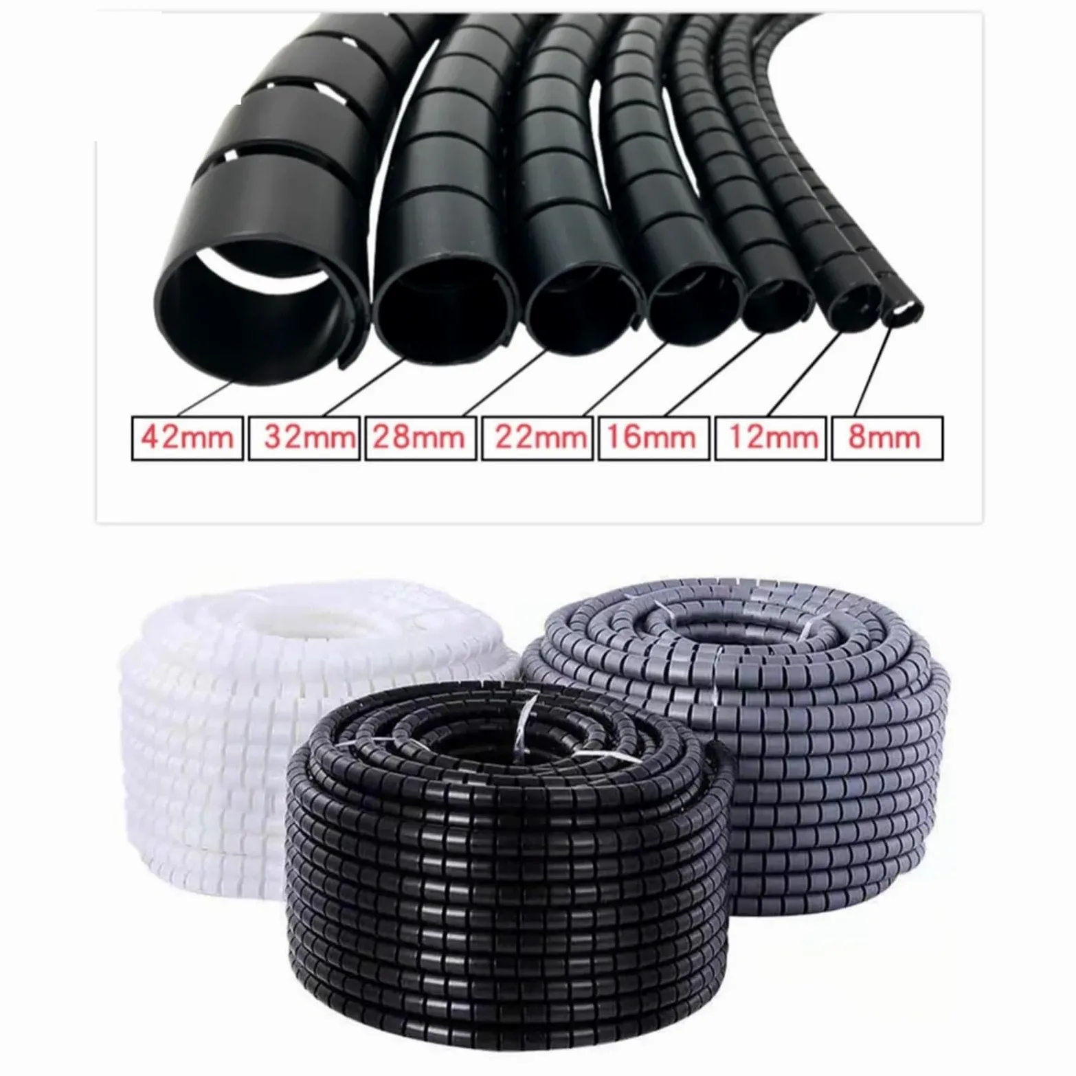 Canalina Passacavi 1/3/5/10 Metro 8/12/16/22/28/32/42mm Linea Flessibile A Spirale Organizzatore di Cavi di Stoccaggio Tubo di Protezione Del Cavo di Gestione Cavo PE Tubo(White,30 MM_10 METERS)