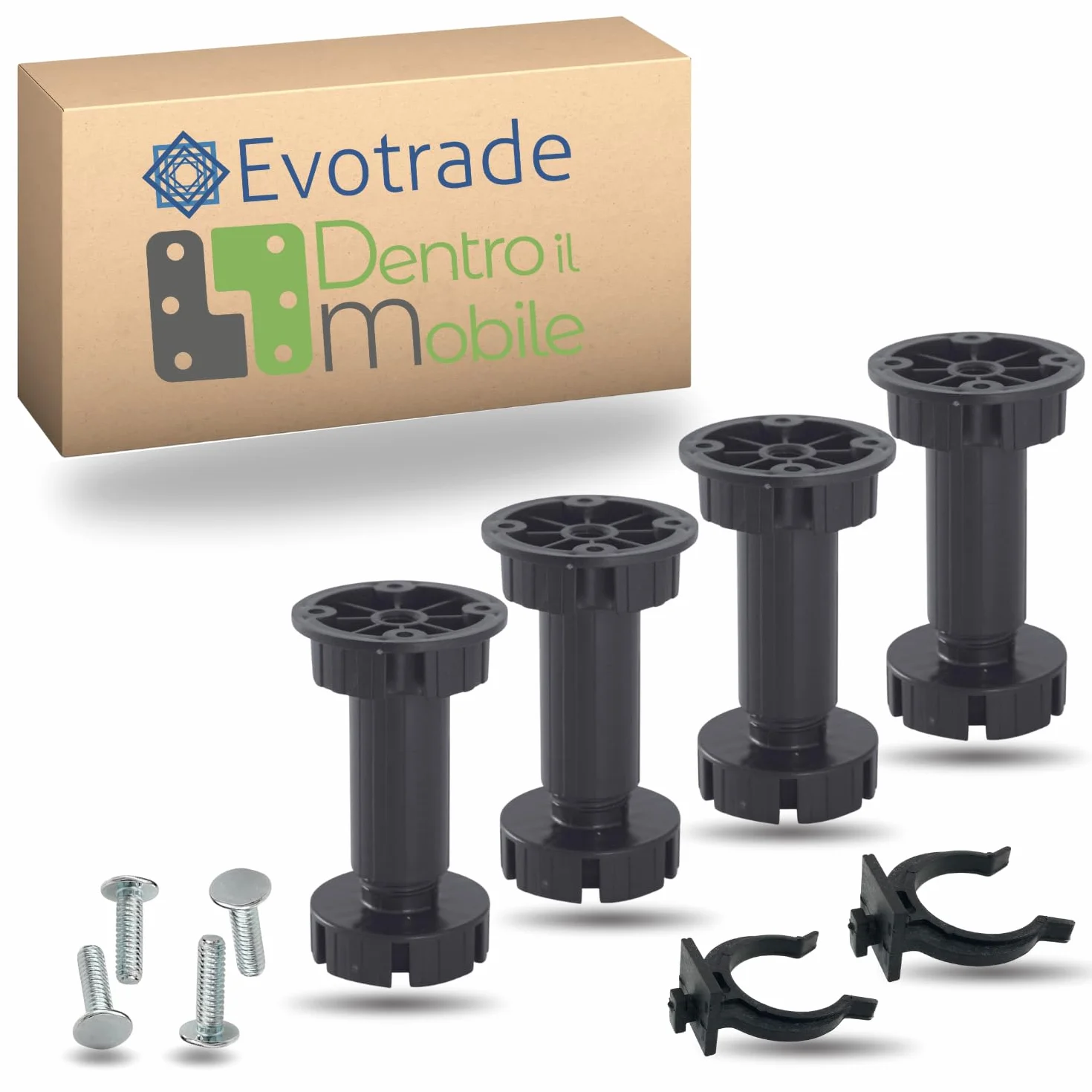 Evotrade Set di 4 Piedini Regolabili per Zoccoli da Cucina, Altezza 120 mm, Supporti Stabili, Made in Italy