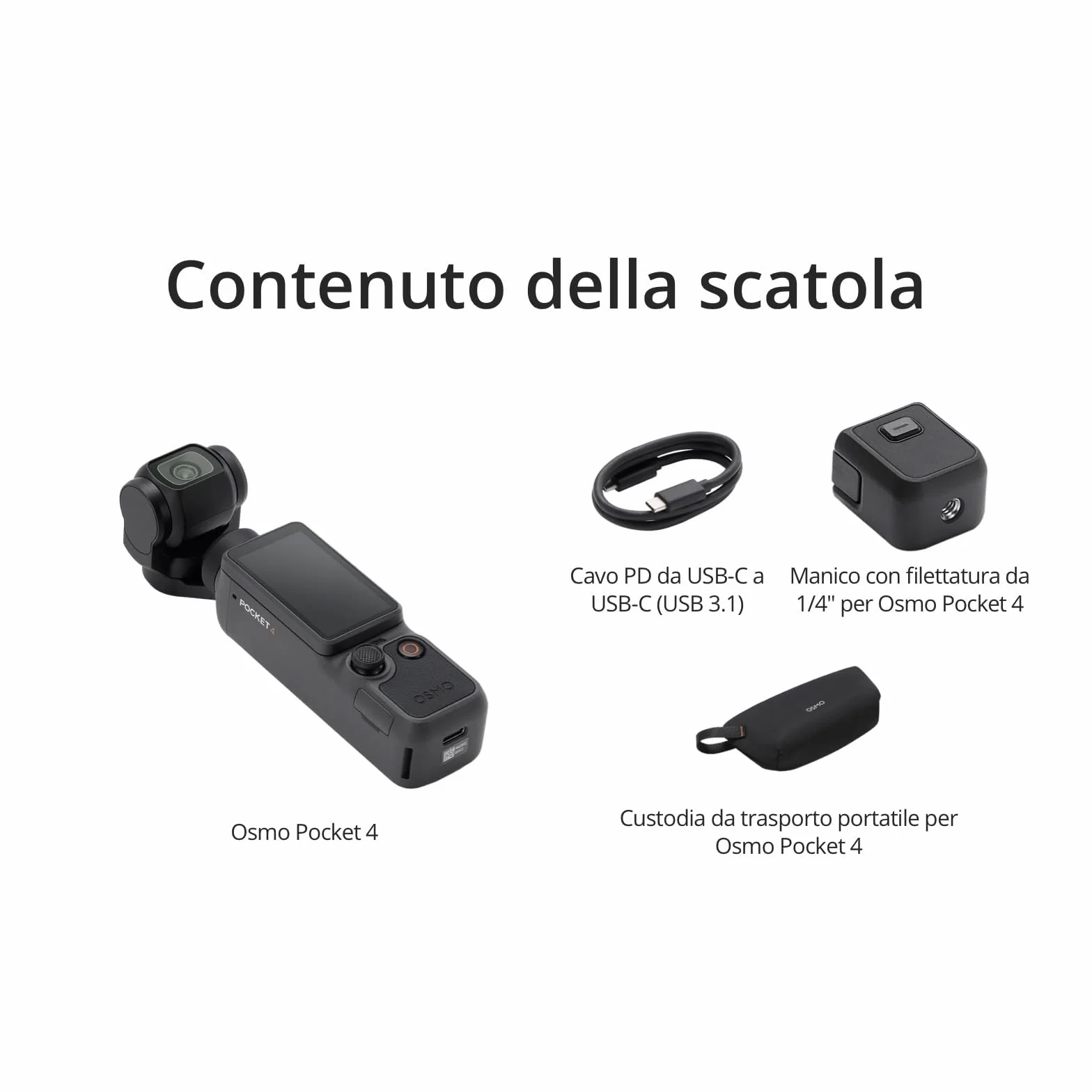 DJI Osmo Pocket 4 Combo Essential, fotocamera stabilizzata tascabile per vlog, CMOS da 1″ e 4K/240fps, 107 GB di memoria integrata (Supporto Tracolla+ Spina di ricarica)