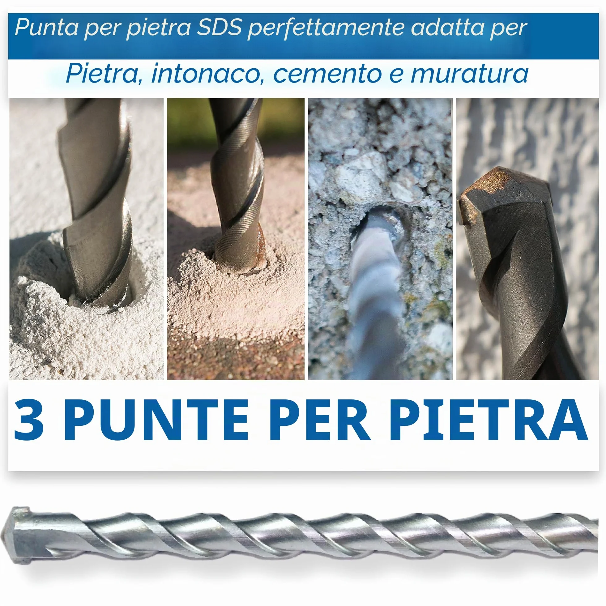 SDS Plus Set 3 Punte Trapano Pietra Ø 10-14-20 mm x 40 cm Muratura Calcestruzzo Metallo Duro