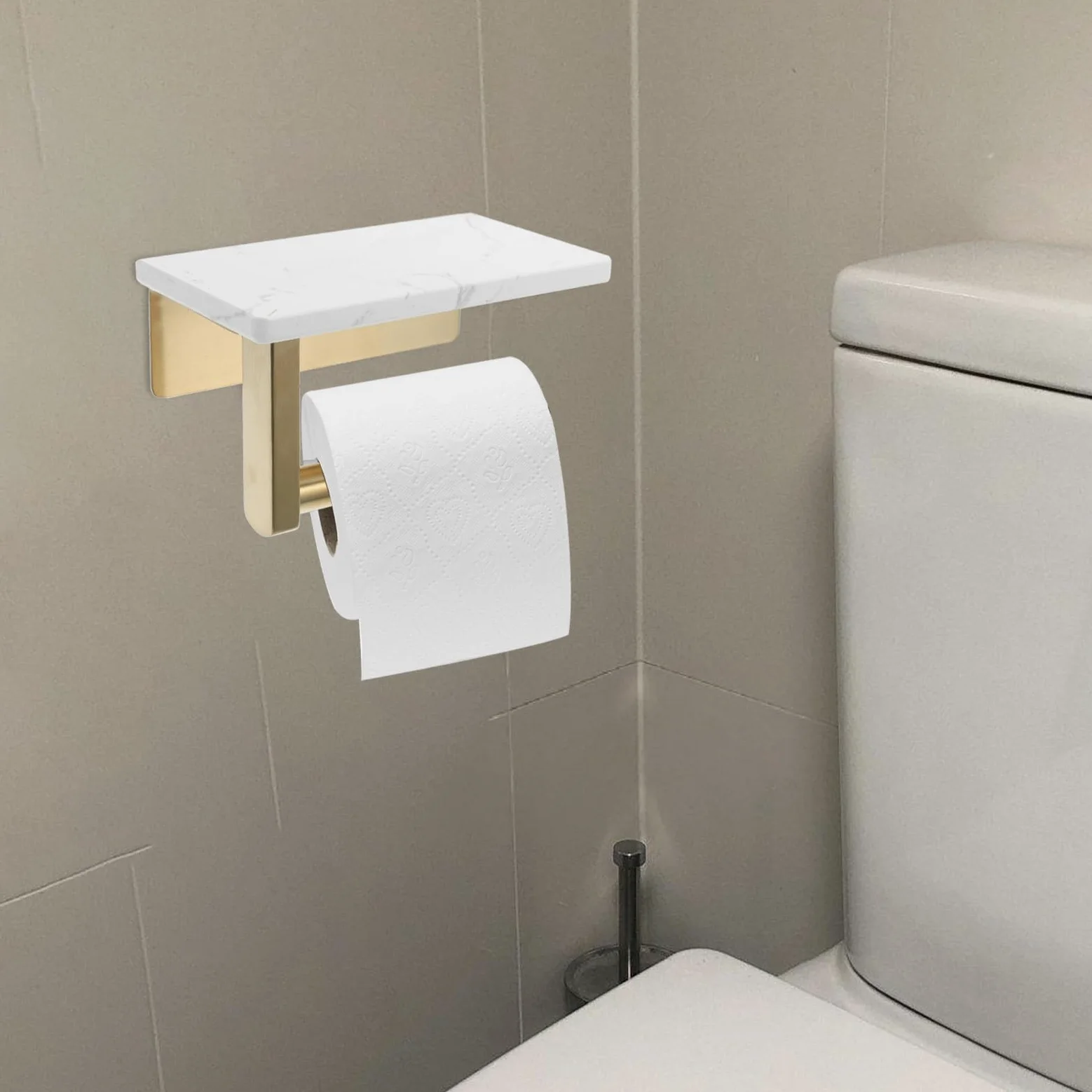 Portarotolo di Carta da Parete in Acciaio Inox Ripiano Marmo | Distanza Foro Centrale 8, 3cm, Finitura Oro, per Bagno Moderno ed Elegante