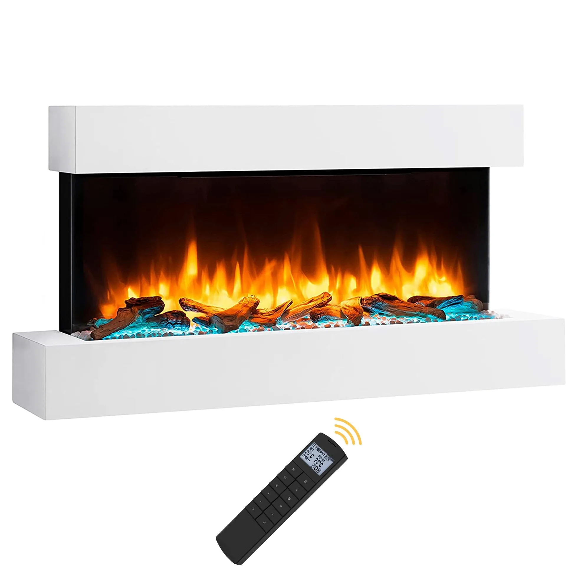 Endeavour Fires - Runswick - Camino elettrico da parete, 220/240VAC, 50 Hz, 1 e 2 kW, con telecomando multi funzione e luce bianca avorio, cornice del camino e battiscopa in fibra a media densità