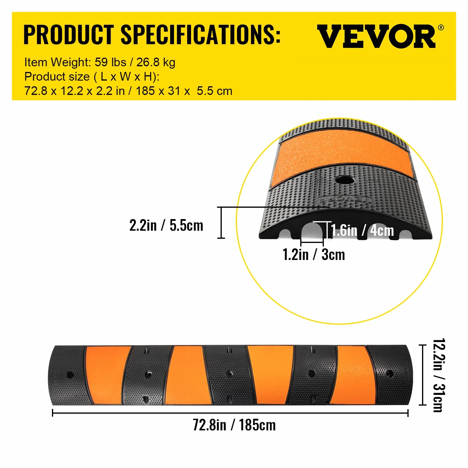 VEVOR Rampa Rallentatore in Gomma 1 Pezzo 2 Canali 185cm 9980 kg Dosso Rallentatore per Strada