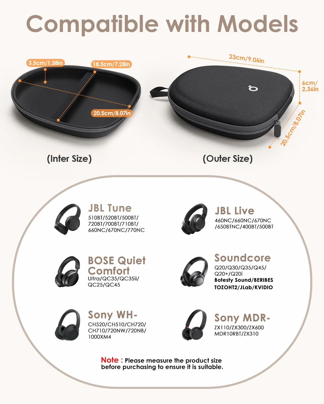 Custodia per Cuffie Guscio Rigido Ultrasottile Universale per Cuffie Over-Ear Soundcore, Sony, JBL, Bose, BERIBES, Borsa Organizer Portatile da Viaggio per Cuffie (Nero)