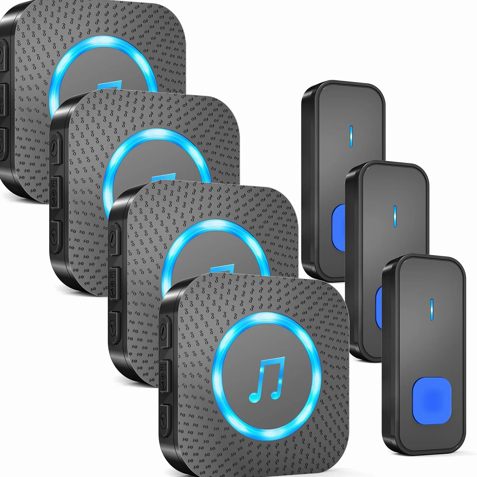 AIMAX Campanello senza fili con 3 trasmettitori e 4 ricevitori, kit campanello d'ingresso, portata 400 m, impermeabile IP55, 55 suonerie, 5 livelli di volume con flash LED, installazione wireless