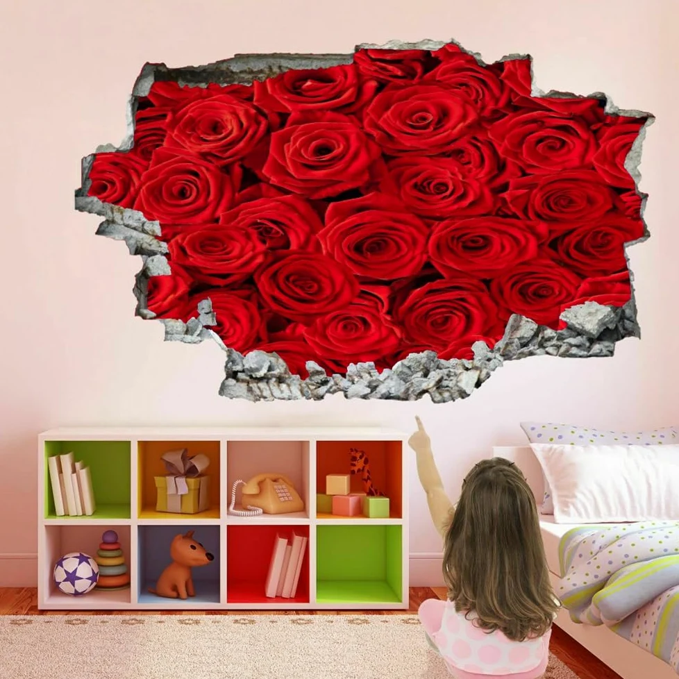 Decorazioni da parete Adesivi 3D fracassati Rosa rossa Rimovibile Art Wall Tattoo Pianta Famiglia Decalcomanie da muro per la casa Nursery Girls Bambini Soggiorno Camera da letto Decorazione