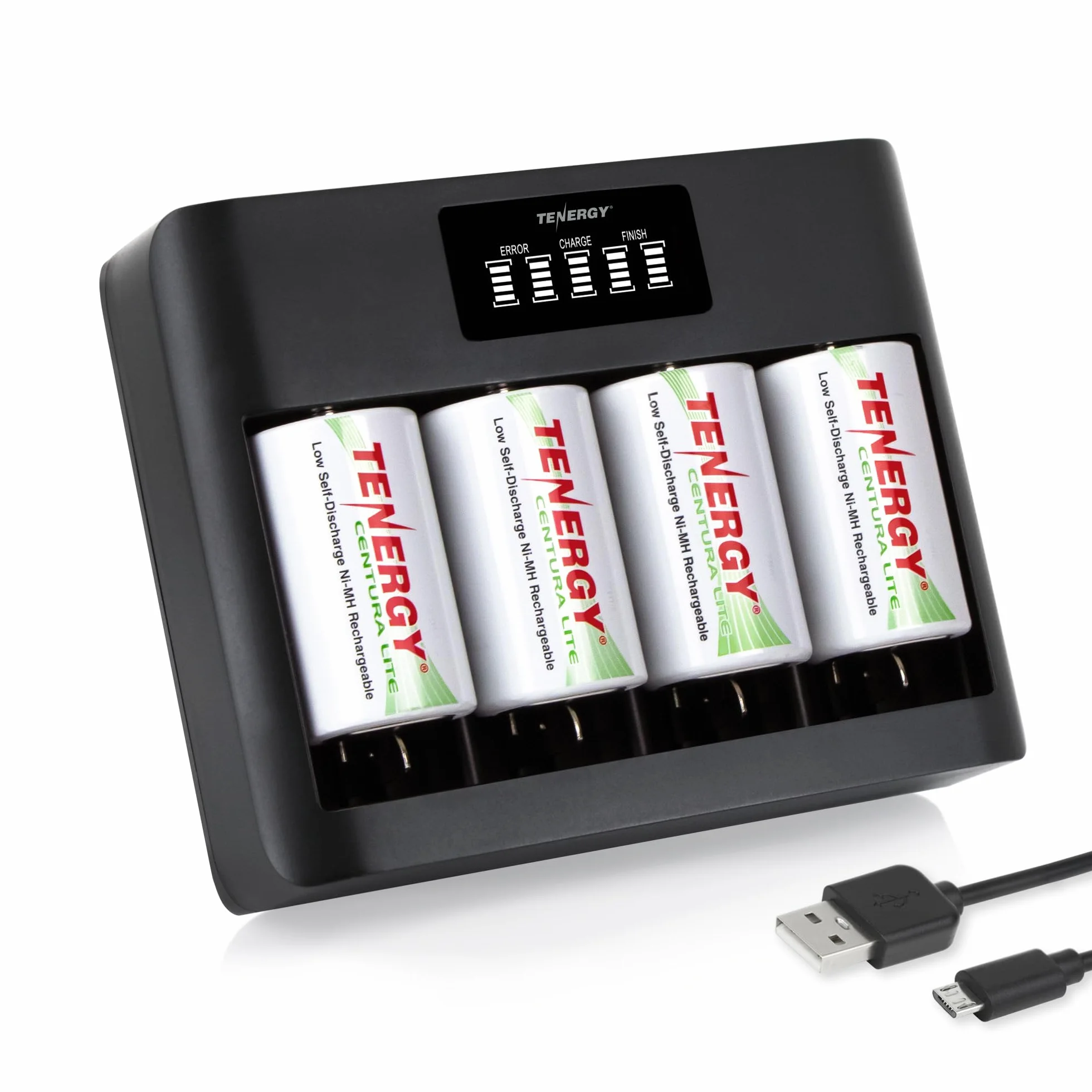 Tenergy Confezione da 4 batterie Centura Lite D Size e caricabatterie universale TN486U a 5 alloggiamenti con LCD, ingresso micro USB/tipo C