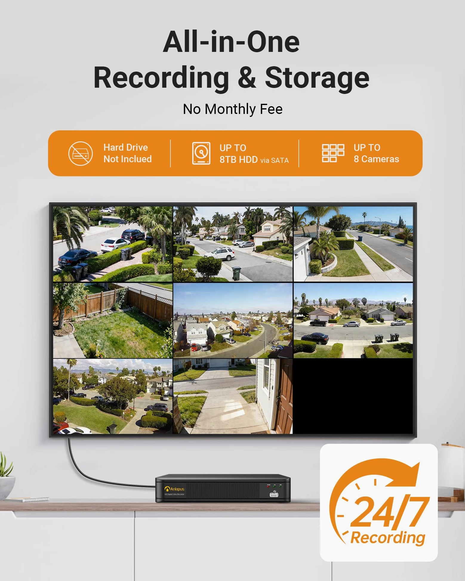 Anlapus 1080P Kit di Sorveglianza DVR 8CH H.265+ Videoregistrator con 4pcs Telecamera Esterno, Senza HDD, Visione Notturna, Allarme E-mail, P2P | 2 MP esterno senza hard disk, allarme di movimento tramite app e e-mail