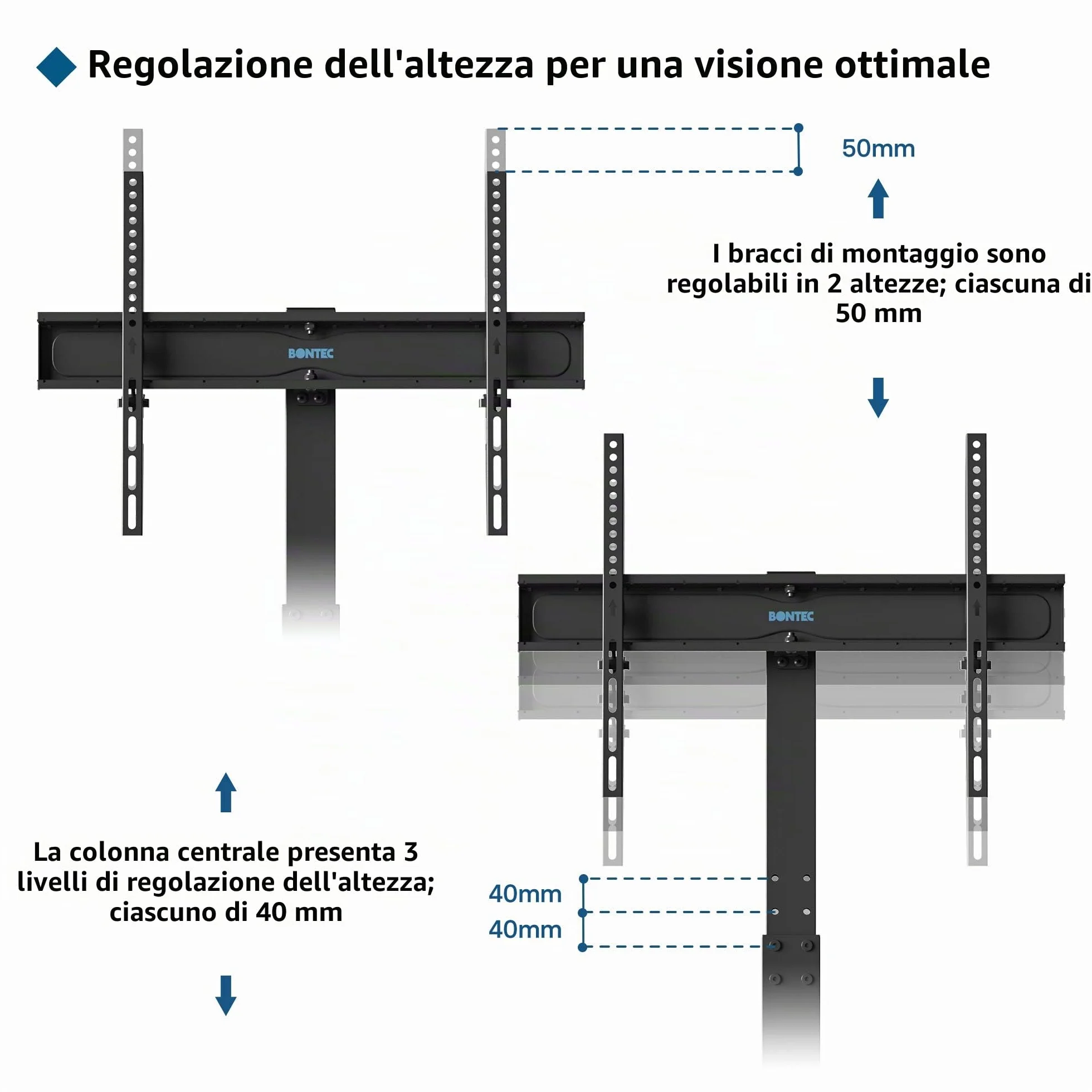 BONTEC Universale Supporto TV da pavimento per TV da 30-70 pollici LED OLED LCD, Porta TV da Terra Regolabile in Altezza con Ripiani in Vetro Temperato a 3 Livelli Max VESA 600x400mm, Fino a 40KG