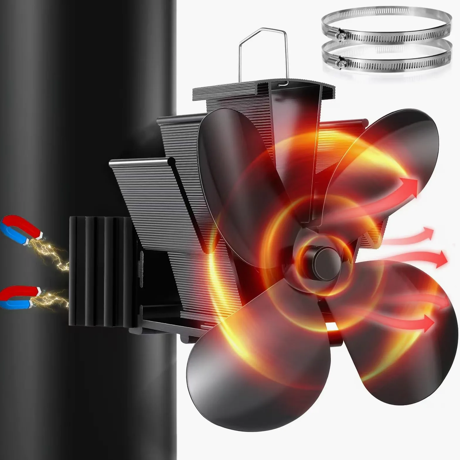 Hanaoyo Ventilatore per camino, magnetico, migliorato senza corrente, silenzioso, ventilatore per legna da ardere, focolare e stufa, ventilatore per canna fumaria con 2 anelli di ricambio