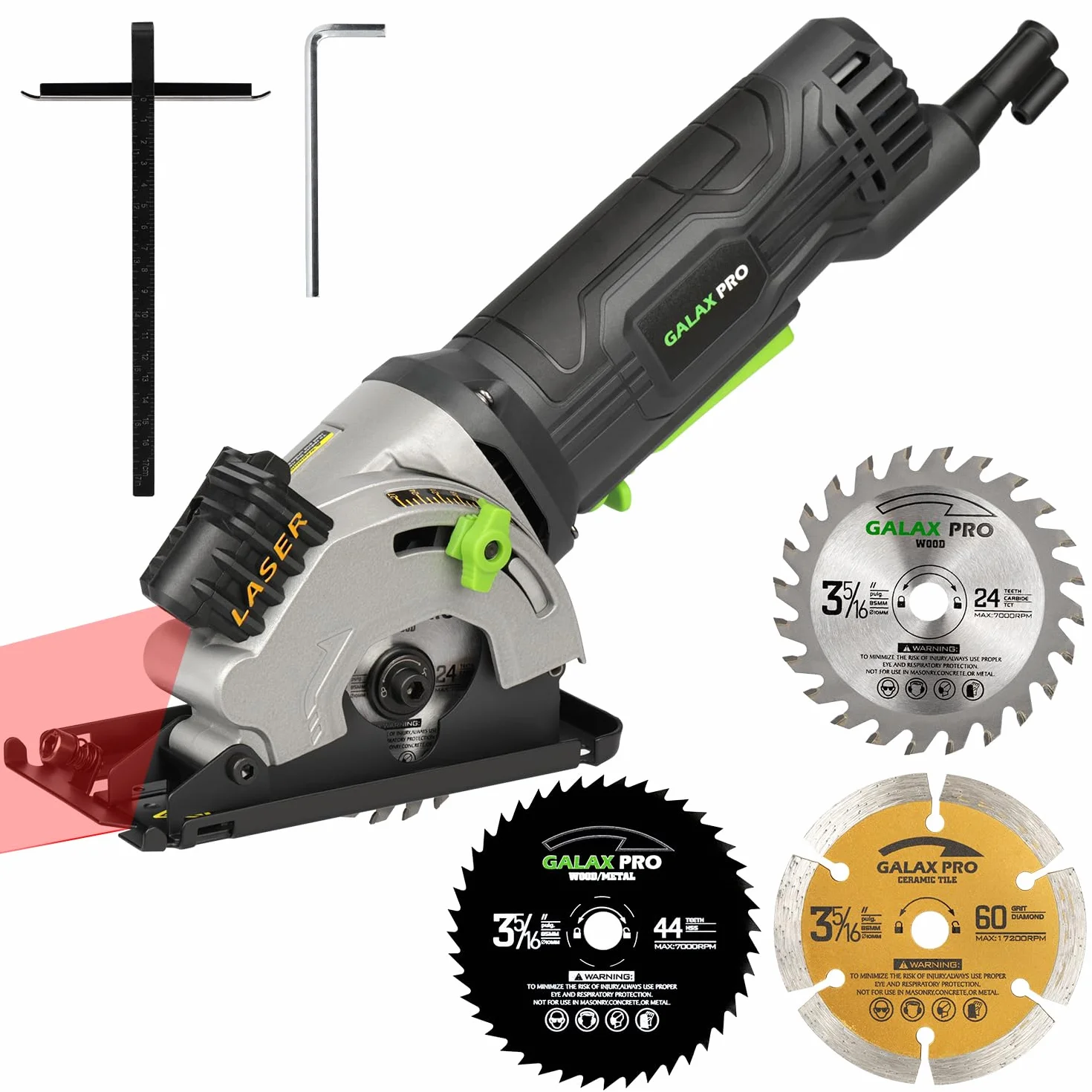 GALAX PRO Mini Sega Circolare 580W, 3500RPM con Guida Laser Sega Circolare per Legno 3 Lame (85mm),per Legno, Piastrelle, Metallo Morbido, Plastica