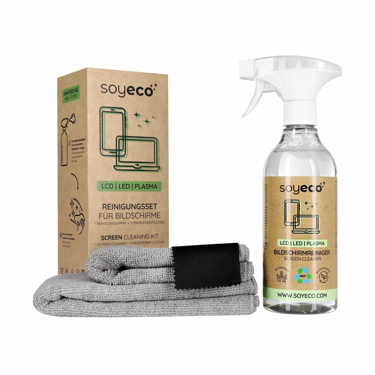 500 ml di Spray per la pulizia dello schermo + 3 panni in microfibra | Fluido per la pulizia | Per smartphone, laptop, tablet, TV, LCD/TFT, LED, OLED, monitor, orologi | Senza sbavature