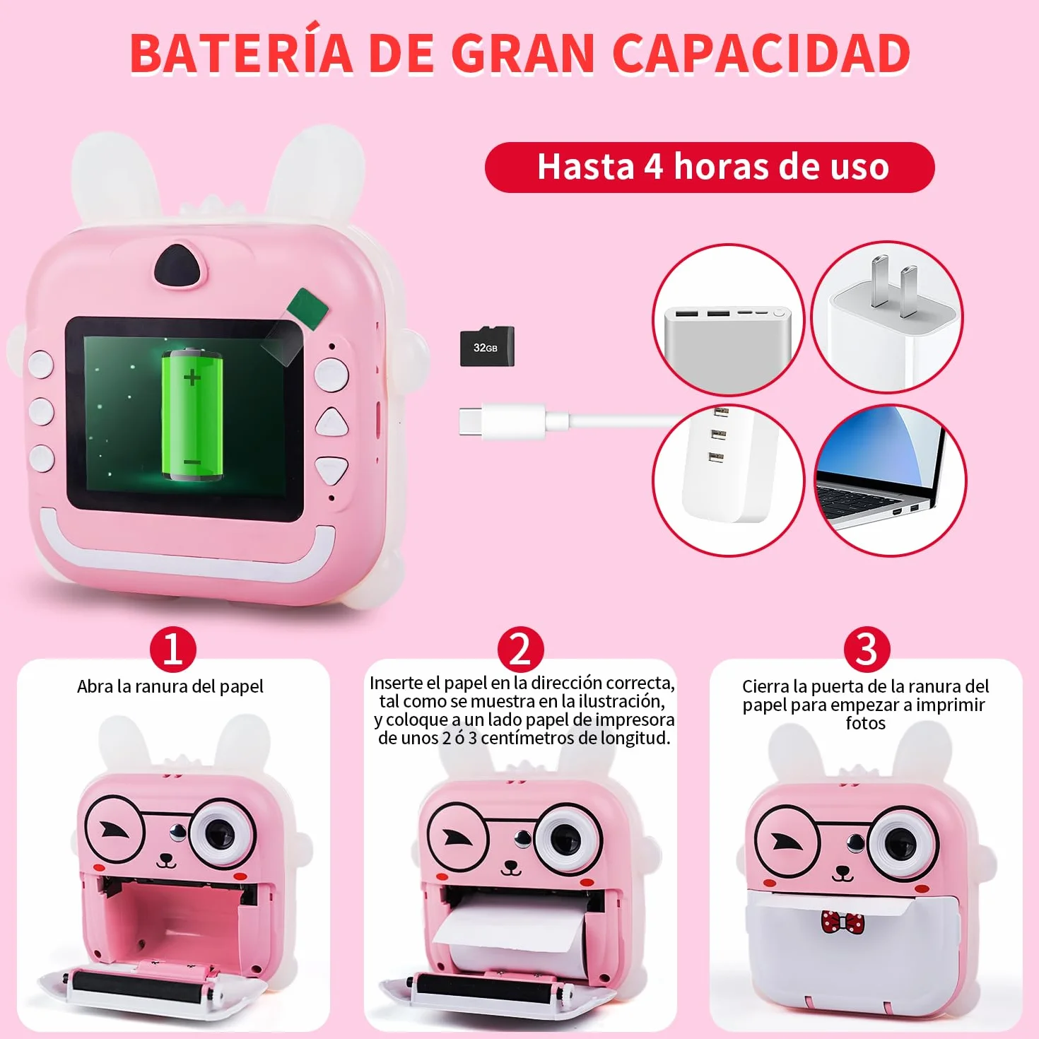 JESWO Macchina Fotografica Bambini Istantanea, Stampa Termica, Funzionalità di Registrazione Foto e Video HD, Inclusa Scheda SD da 32 GB, 3 Rotoli di Carta Termica e Adesivi