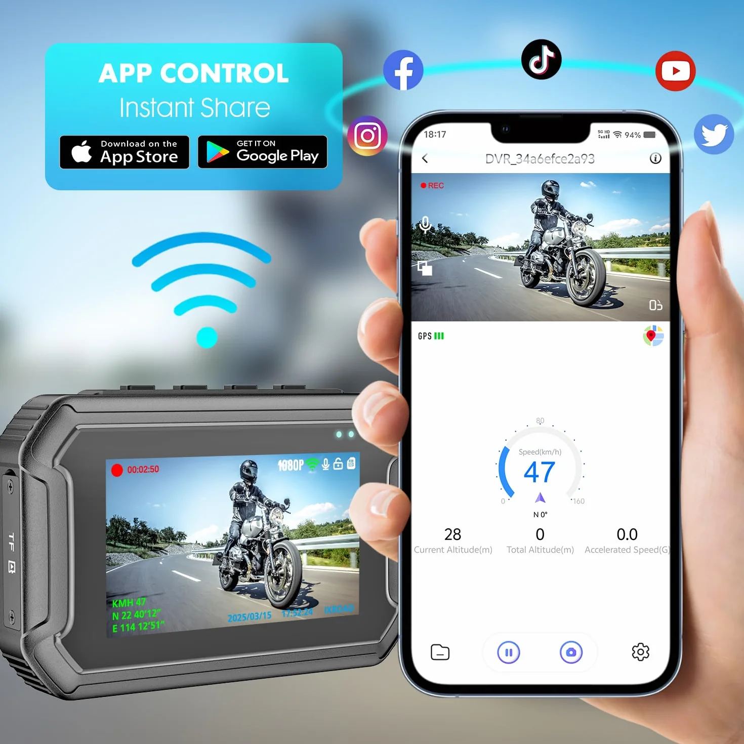Dash Cam Moto, 1080P WDR Telecamera Anteriore e Posteriore, Dashcam Impermeabile con WiFi, GPS, Modalità Parcheggio, Telecomando Cablato, Schermo da 3", Scheda TF da 64 GB