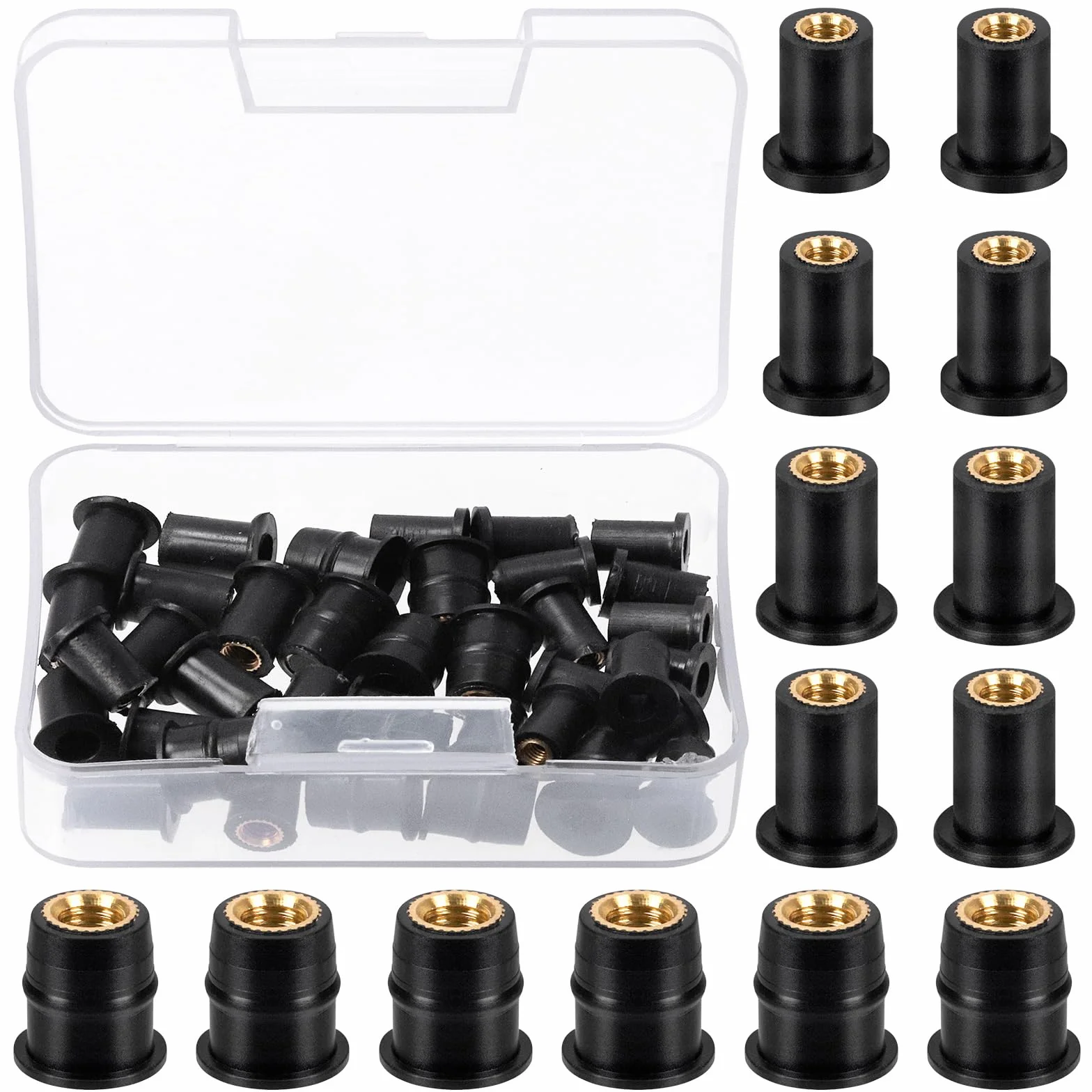 Swpeet Set di 37 Dadi M4 M5 M6 in Gomma Nera Ondulata per Parabrezza, Fissaggio, Rivestimento Moto e Neoprene - Espansione in Ottone per Canoa