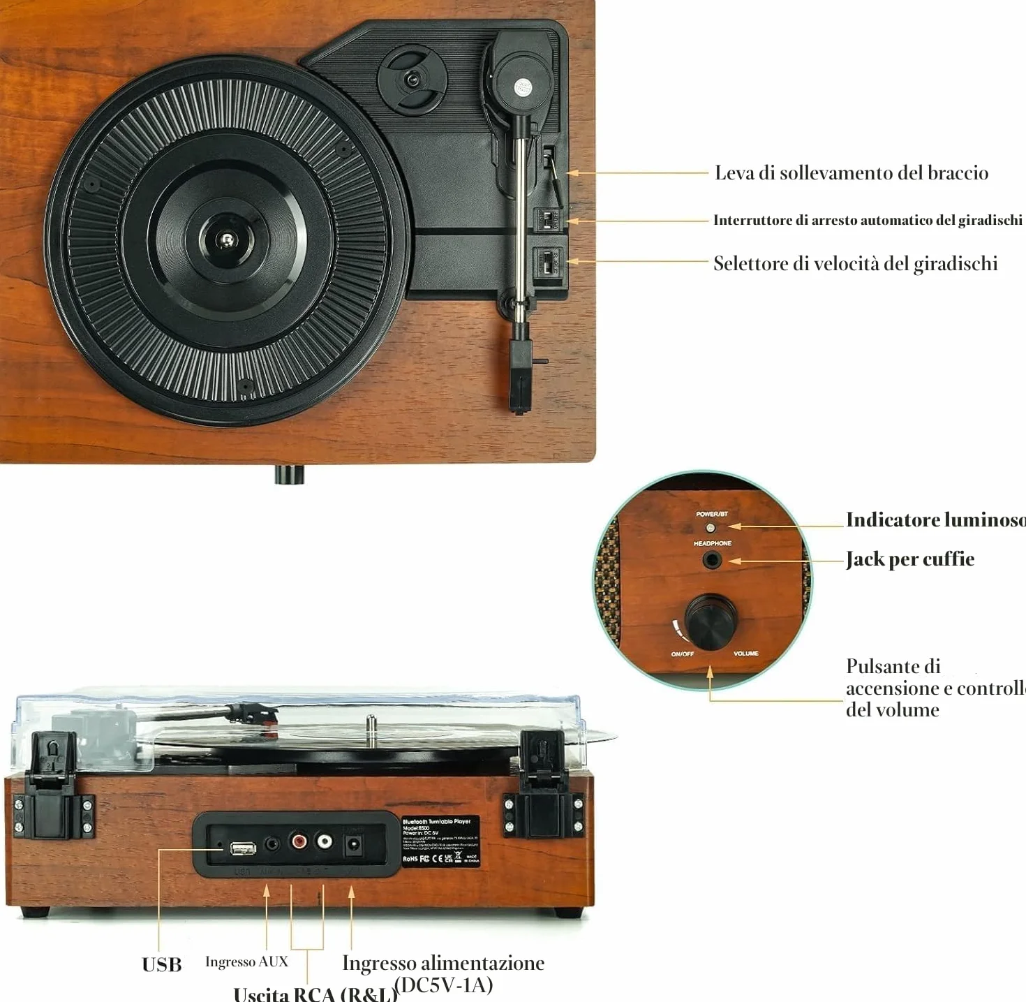 Giradischi in vinile Bluetooth con altoparlanti integrati Supporto Uscita RCA USB Aux In cuffia Auto-Stop Fonografo portatile a cinghia a 3 velocità per intrattenimento e decorazione