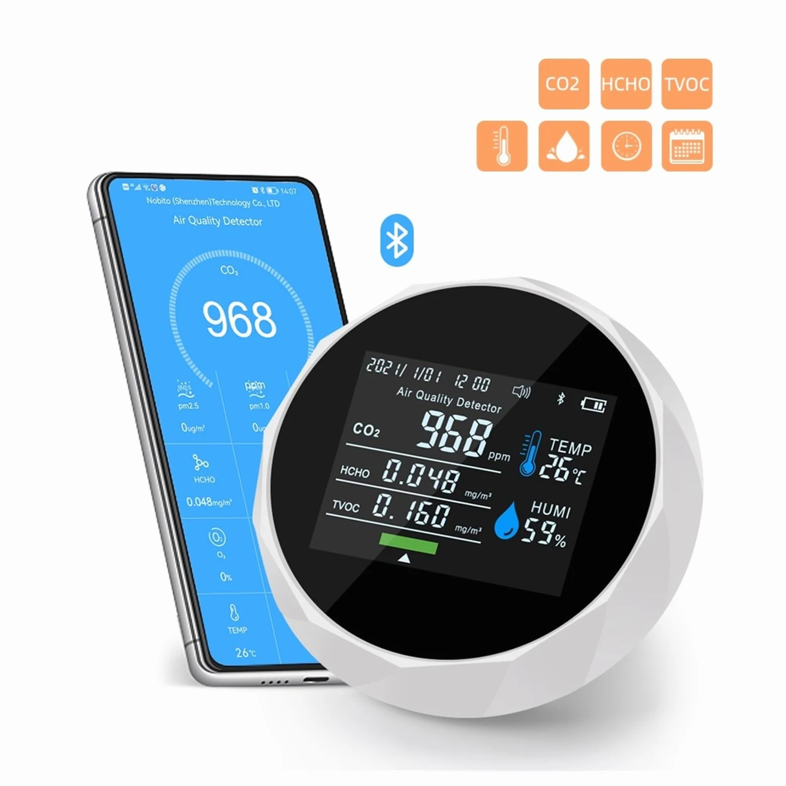 Monitor d'aria multifunzione TVOC HCHO Misuratore di CO2 Tester qualità del gas Umidità Temperatura Rilevatore controllo dente blu Per cucina e camper(Noir)
