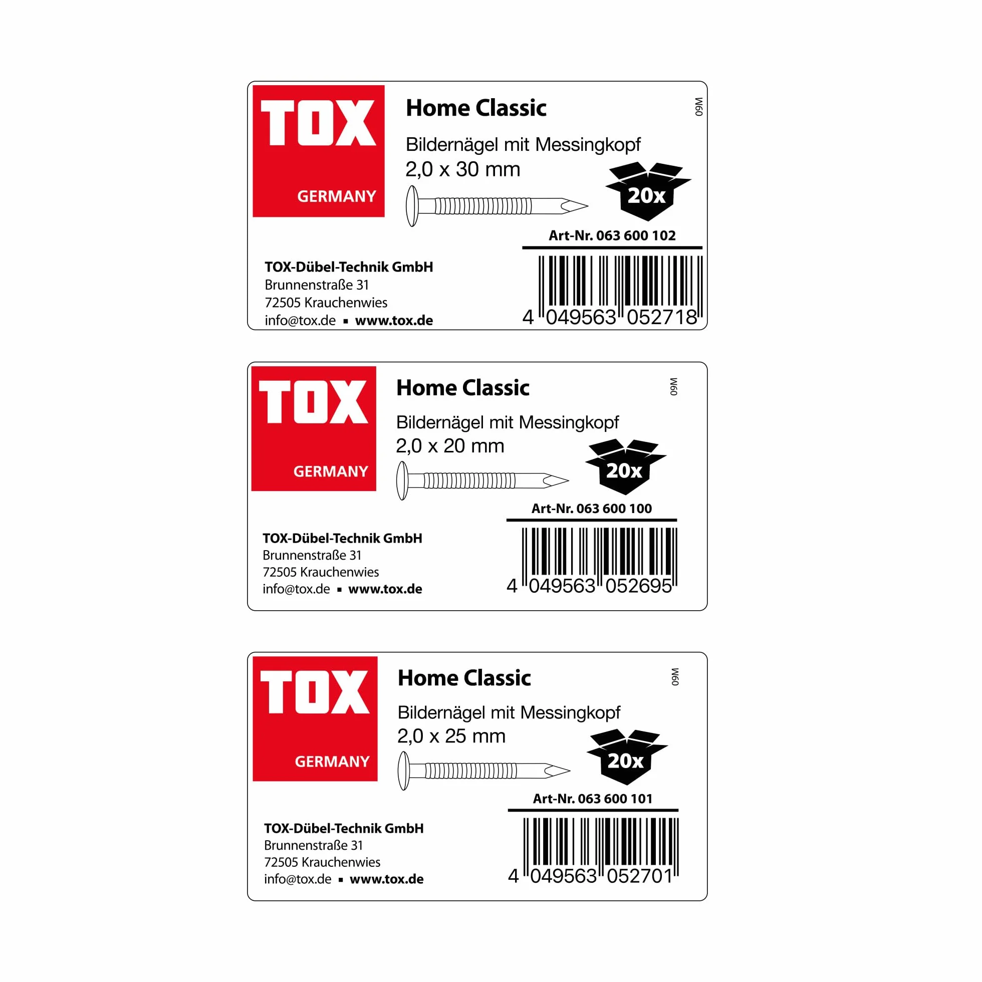 Chiodi TOX Home Classic 2,0x20/25/30 mm 20 sztuk, młotek 300 g, stal hartowana, główka mosiężna