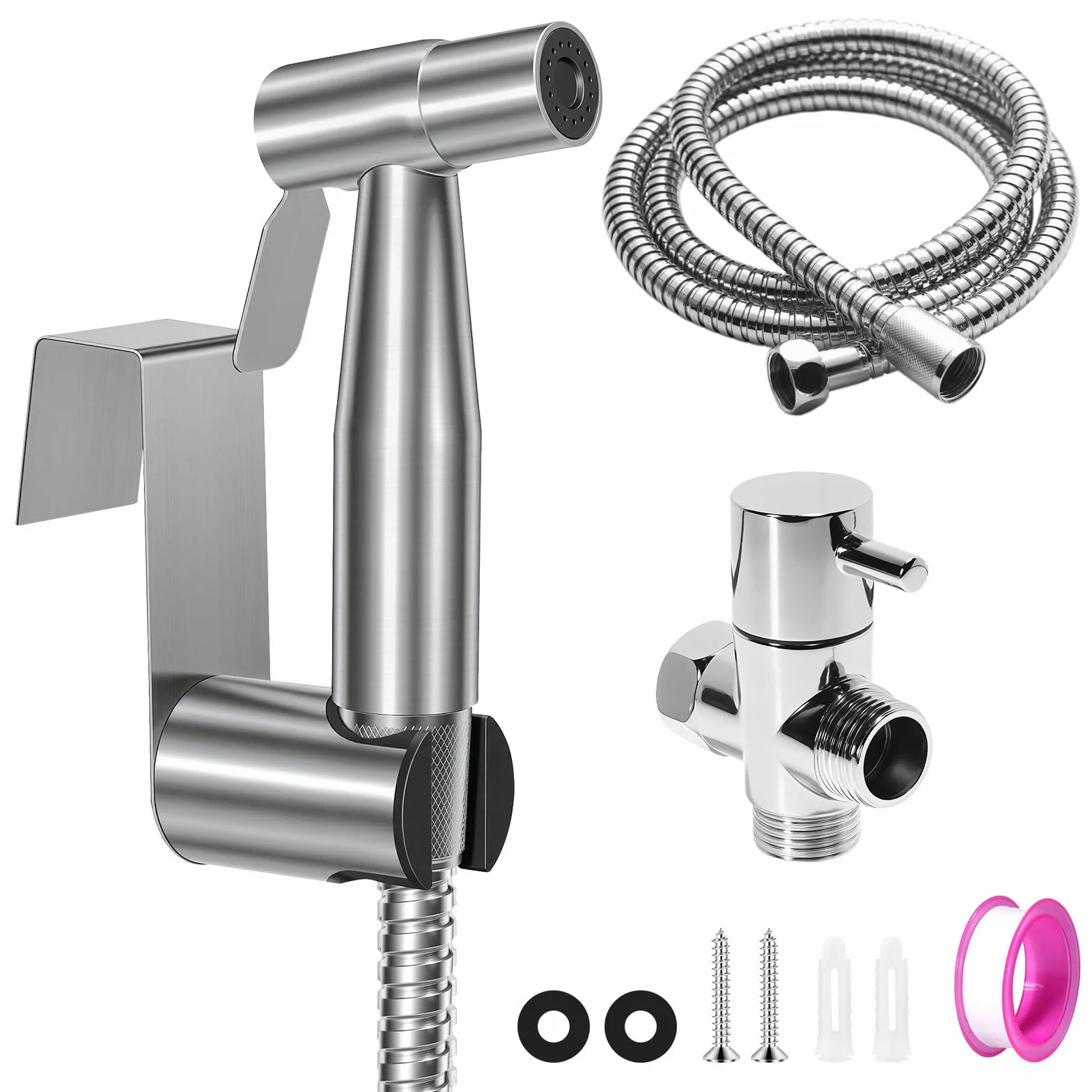 Set Doccetta per Bidet Idroscopino WC Tubo Flessibile 1,5m Supporto Adattatore Argento