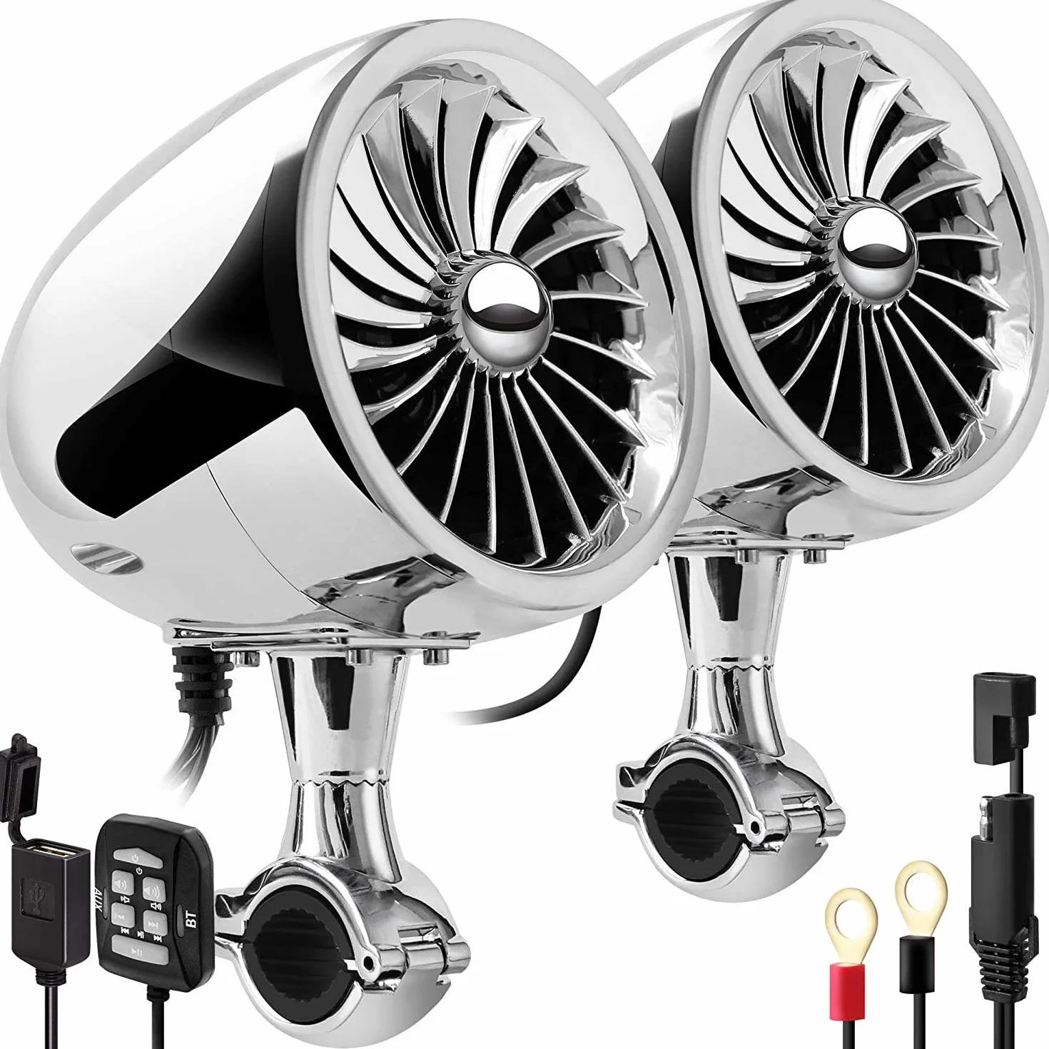 SPK350X 4 pollici Full Range Impermeabile Moto Altoparlanti stereo Bluetooth Amplificatore per Motociclo Sistema audio per ATV RZR UTV (Cromo,Ventilatore)