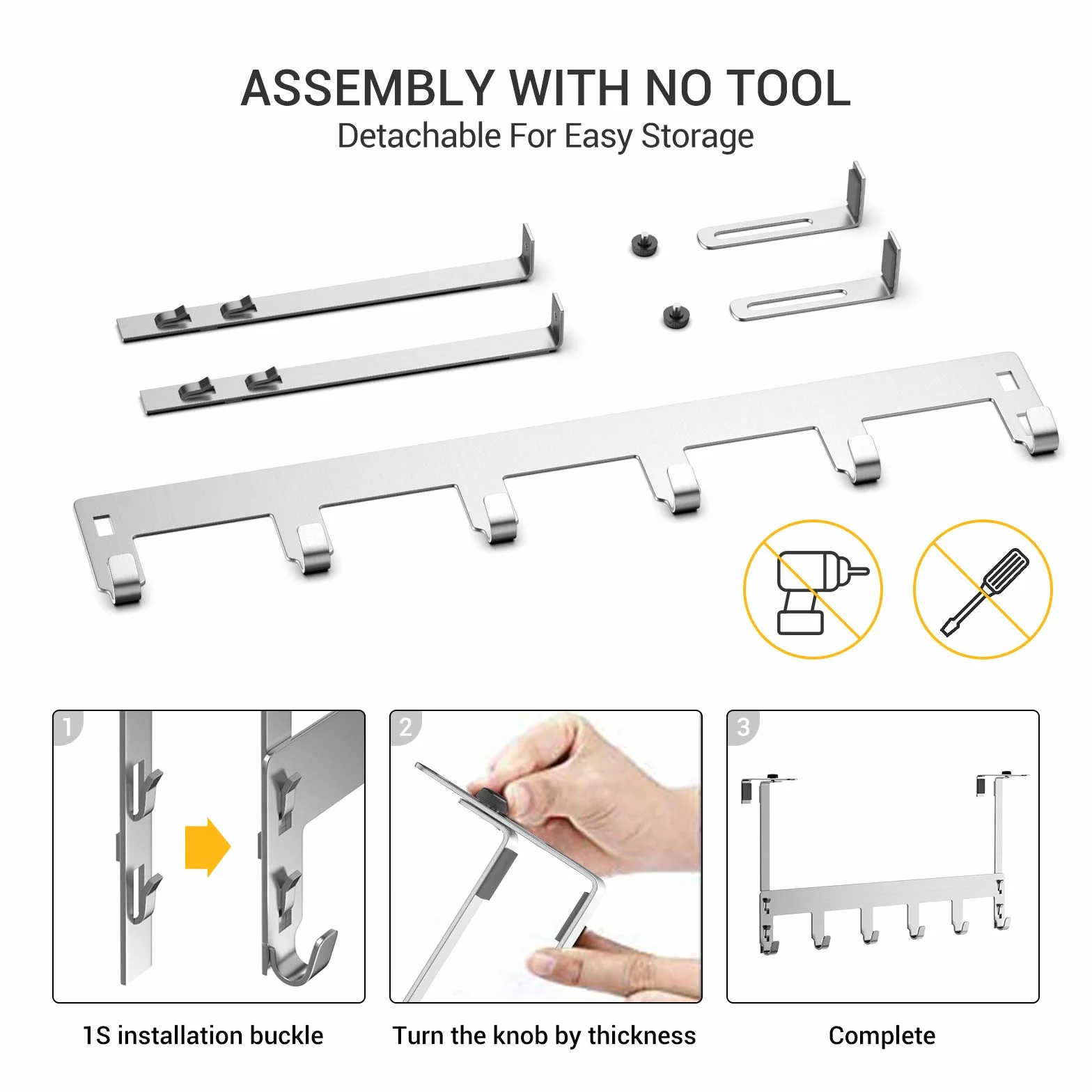 Luxear Appendiabiti da Porta Regolabile con 6 Ganci Attaccapanni Porta in Acciaio Inox MAX20KG per Camera da Letto Asciugamani Doccia Bagno Cucina Ufficio, Porta 1-6 cm