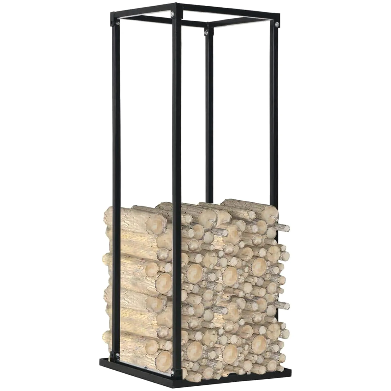 Portalegna con base nera 37x37x113 cm in acciaio, portalegna, scaffale portalegna, portalegna in metallo con ventilazione for esterni o interni, set portalegna