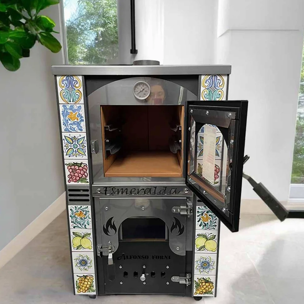 Stufa a Legna Termo ventilata con Forno - Esmeralda Maioliche di Caltagirone - Potenza Riscaldamento 25 Kw, Stufa A Legna Economica in Acciaio Verniciato Antracite, Forno in Mattoni Refrattari