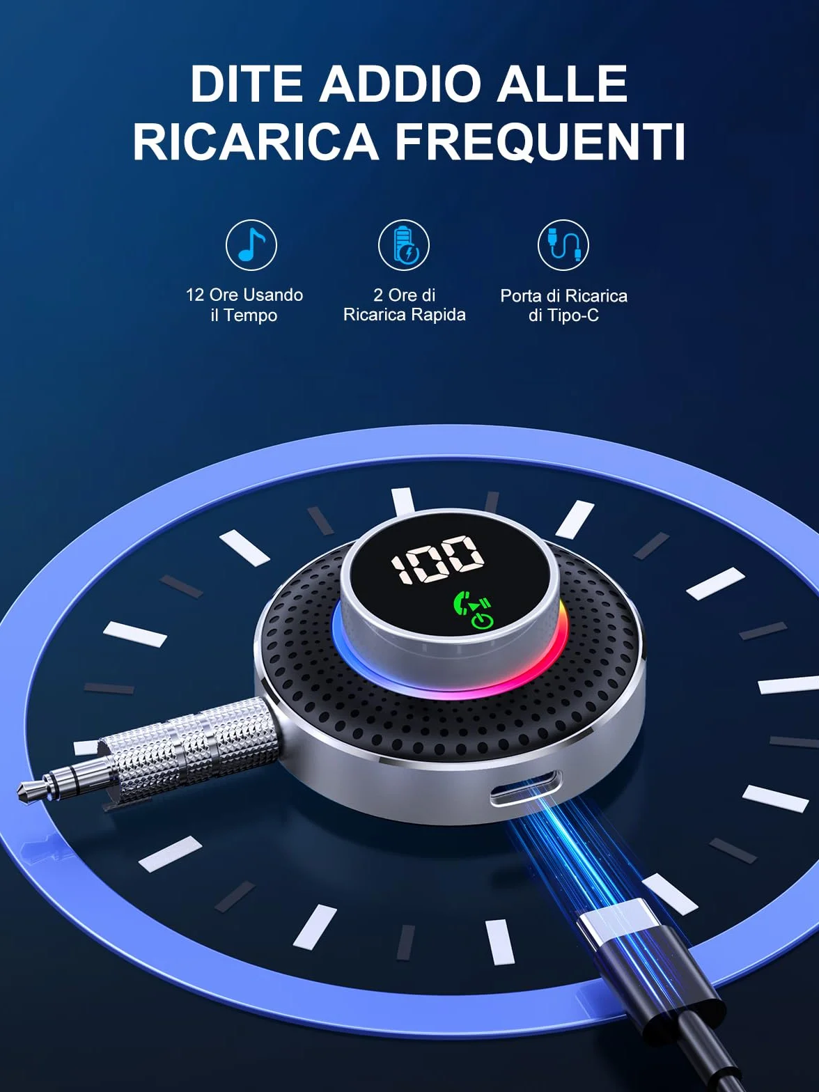 Glangeh Ricevitore Adattatore Bluetooth 5.3 Auto AUX, Pulsante Ingrandito e LED Schermo, con Jack 3,5mm, per Stereo/Altoparlante/Cuffie, HiFi, Chiamate in Vivavoce, Supporta Siri
