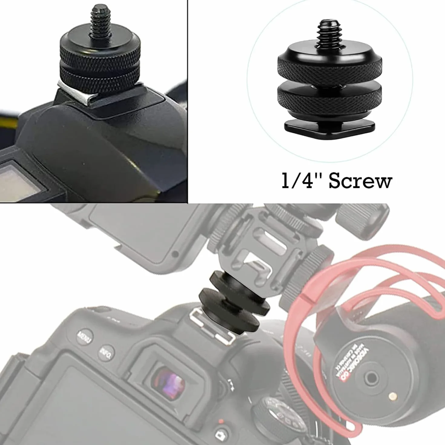Adattatore per Slitta a Contatto Caldo per Fotocamera [2 Pezzi],Filettatura Treppiede per Slitta a Contatto Caldo,Filettatura da 1/4 di Pollice,per Filettatura Treppiede su Microfoni(Nero)