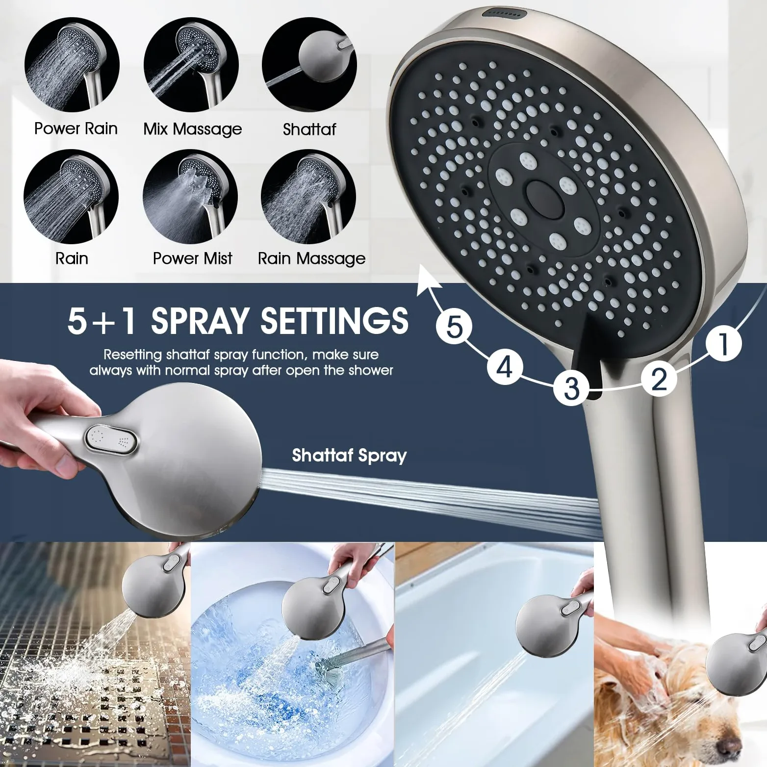 PDPBath Soffione doccia a pioggia da 35,5 cm con 5+1 impostazioni, soffione doccia a pioggia ad alta pressione con braccio di estensione regolabile da 40,6 cm, tubo extra lungo da 200,7 cm, deviatore