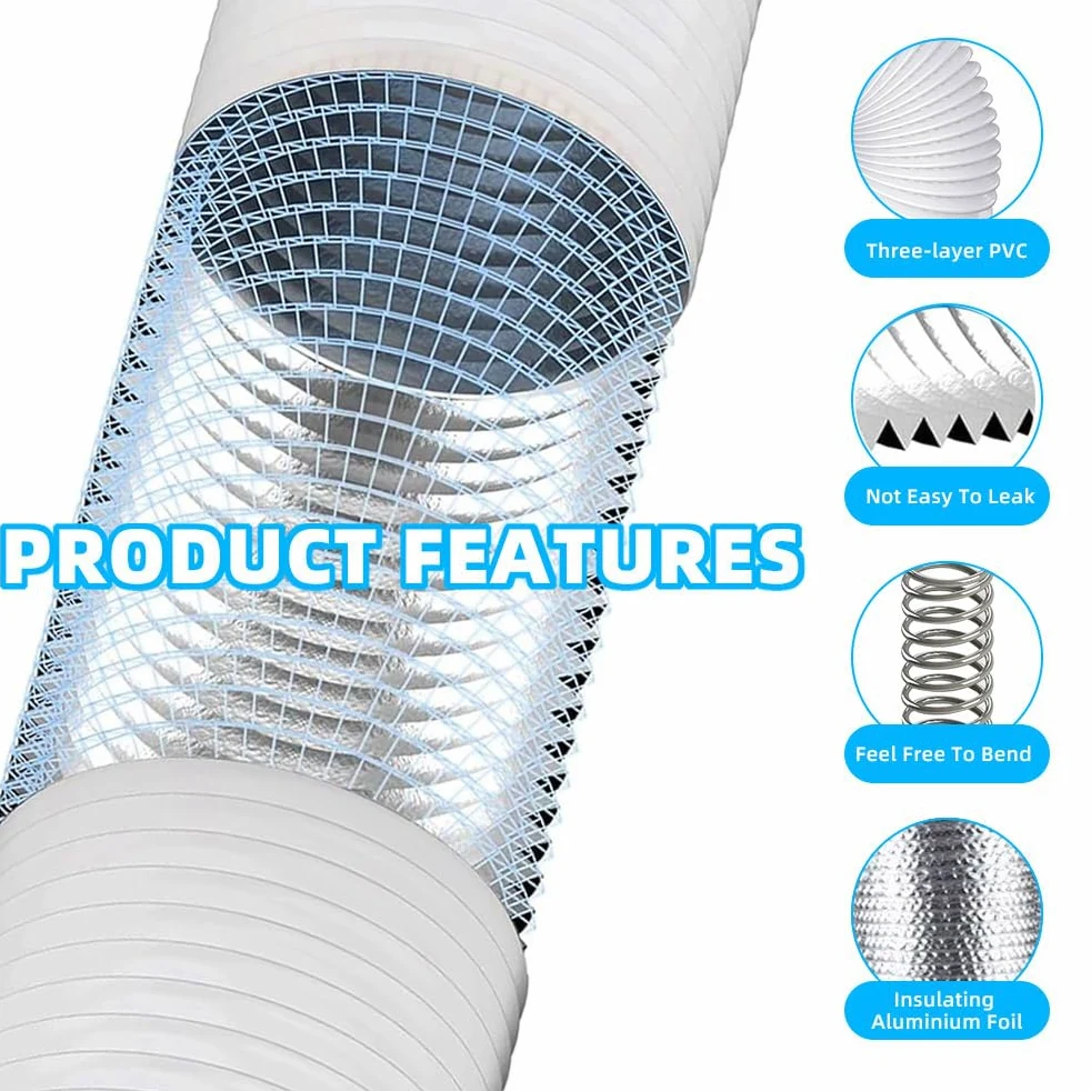 Tubo di ventilazione flessibile in alluminio e PVC, 200 mm, 5 m, bianco, per aspiratori, idroponiche, tende da coltivazione, prese d'aria per asciugatrici