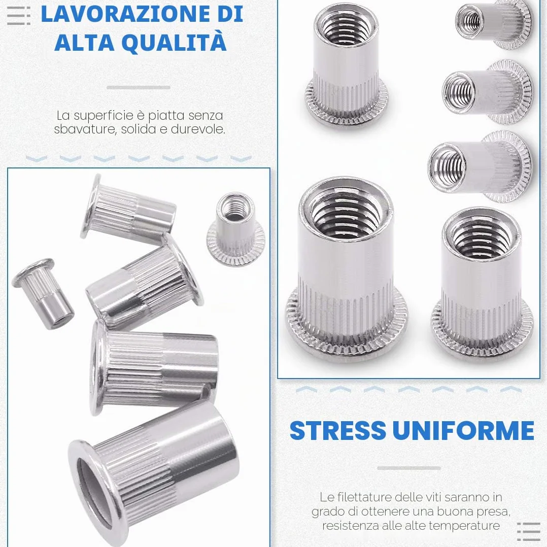 Glarks 180pcs Flat Head Rivet Nut Assortiment Kit, Inserisci in acciaio inossidabile Rivnut, Rivetti a filettatura metrici